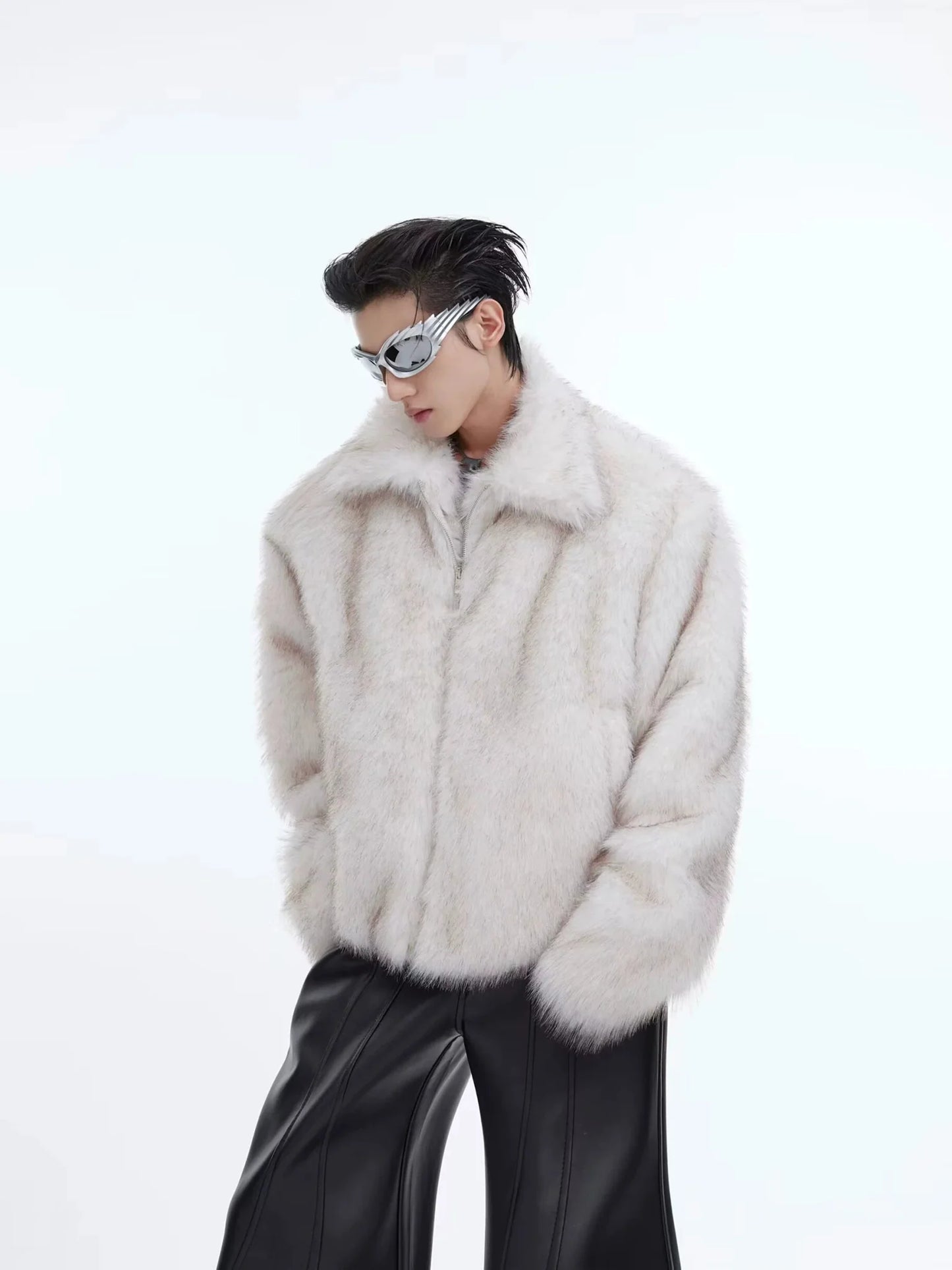 Luxurious Faux Fur Jacket with Deconstructed Collar | Avant-Garde Short Coat