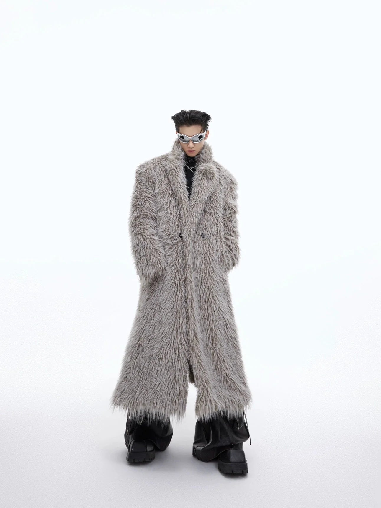 Luxurious Faux Fur Overcoat | Elegant Long Knee-Length Coat with Deconstructed Design