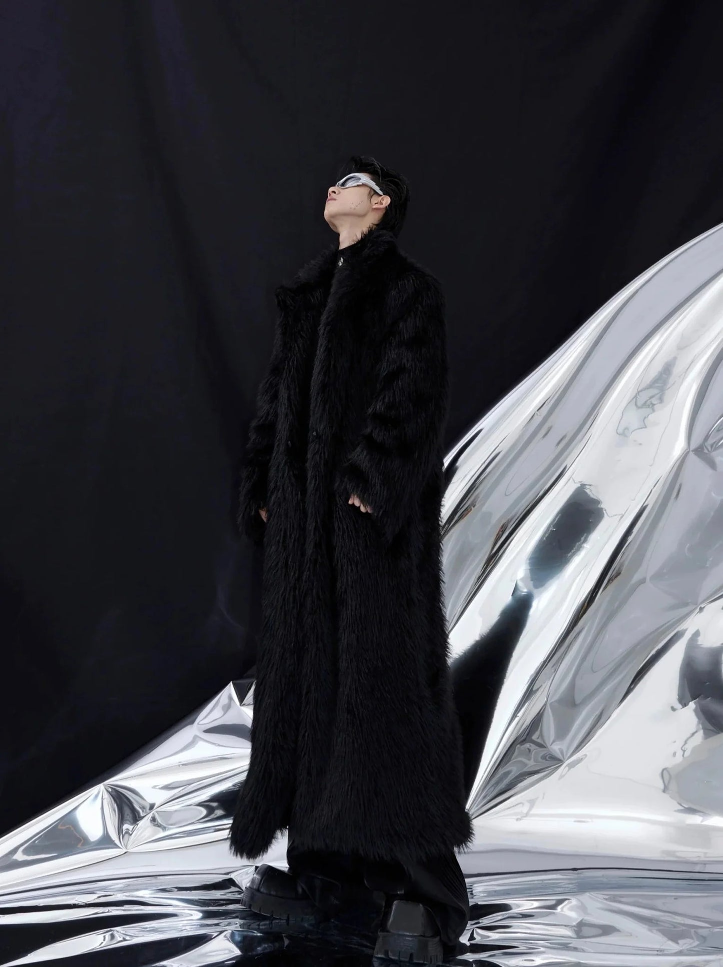 Luxurious Faux Fur Overcoat | Elegant Long Knee-Length Coat with Deconstructed Design
