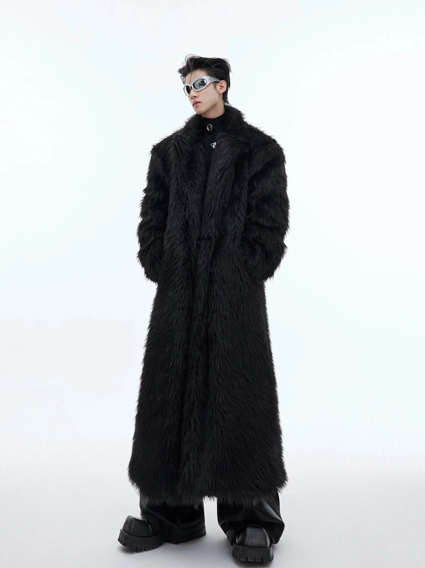 Luxurious Faux Fur Overcoat | Elegant Long Knee-Length Coat with Deconstructed Design
