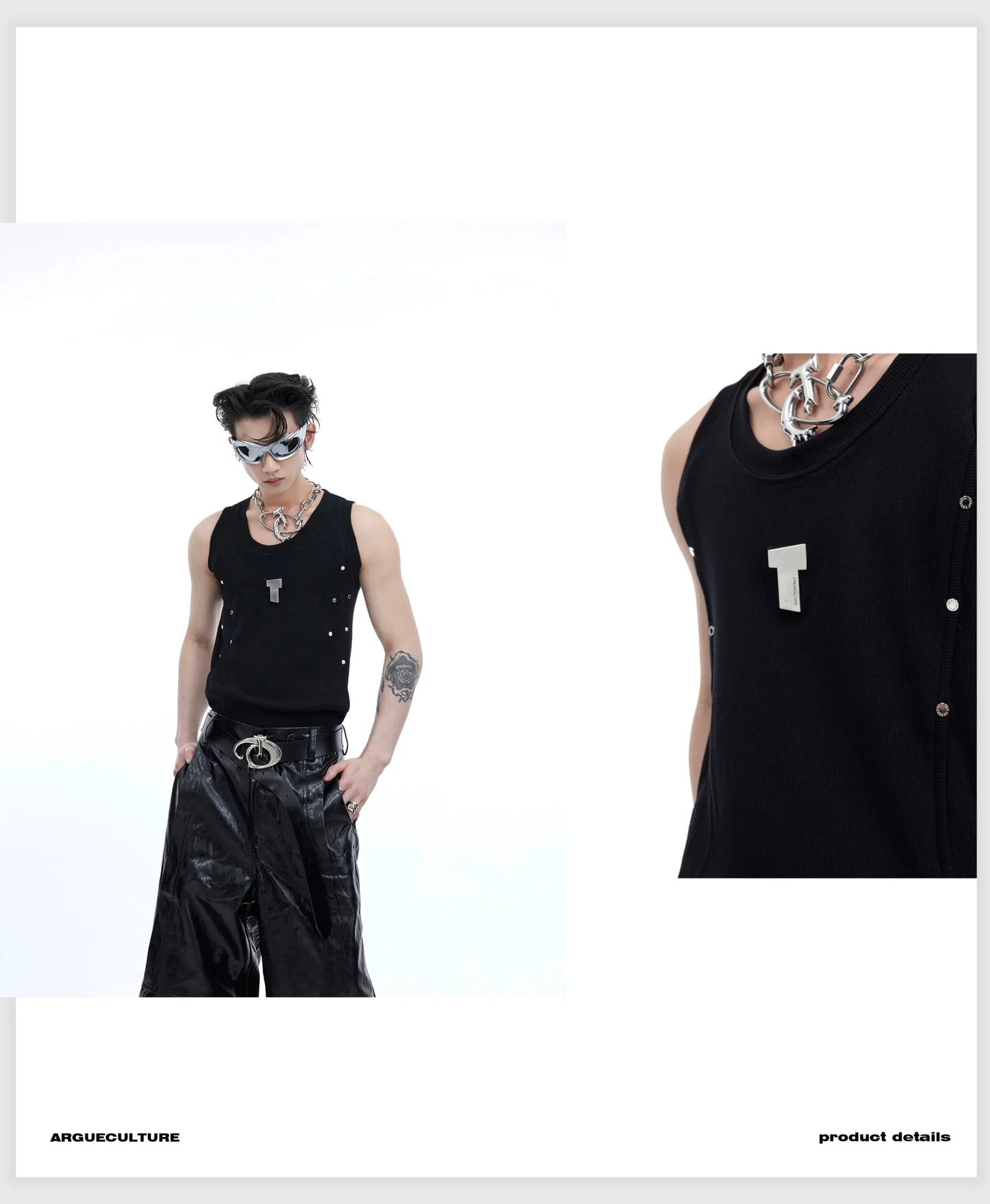 Men's Punk Sports Slim-Fit Tank Top with Metallic Accents & Line Pleated