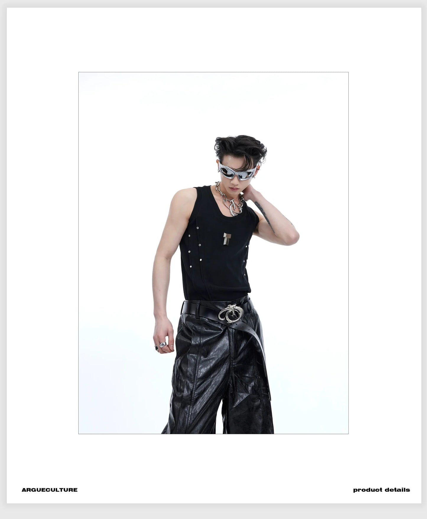 Men's Punk Sports Slim-Fit Tank Top with Metallic Accents & Line Pleated