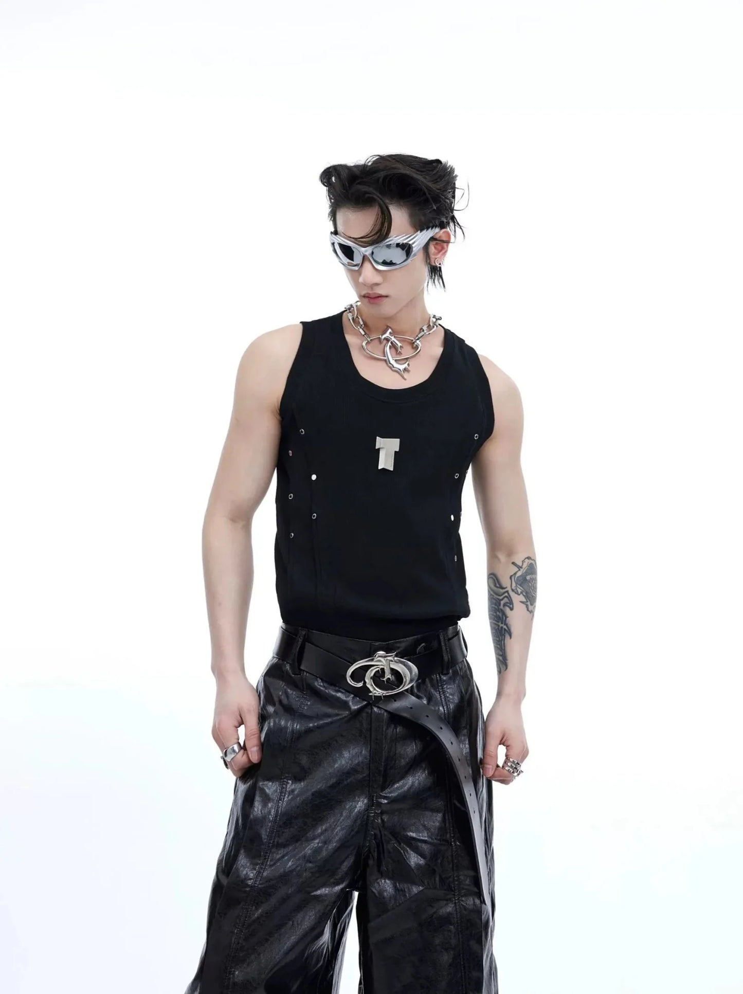 Men's Punk Sports Slim-Fit Tank Top with Metallic Accents & Line Pleated