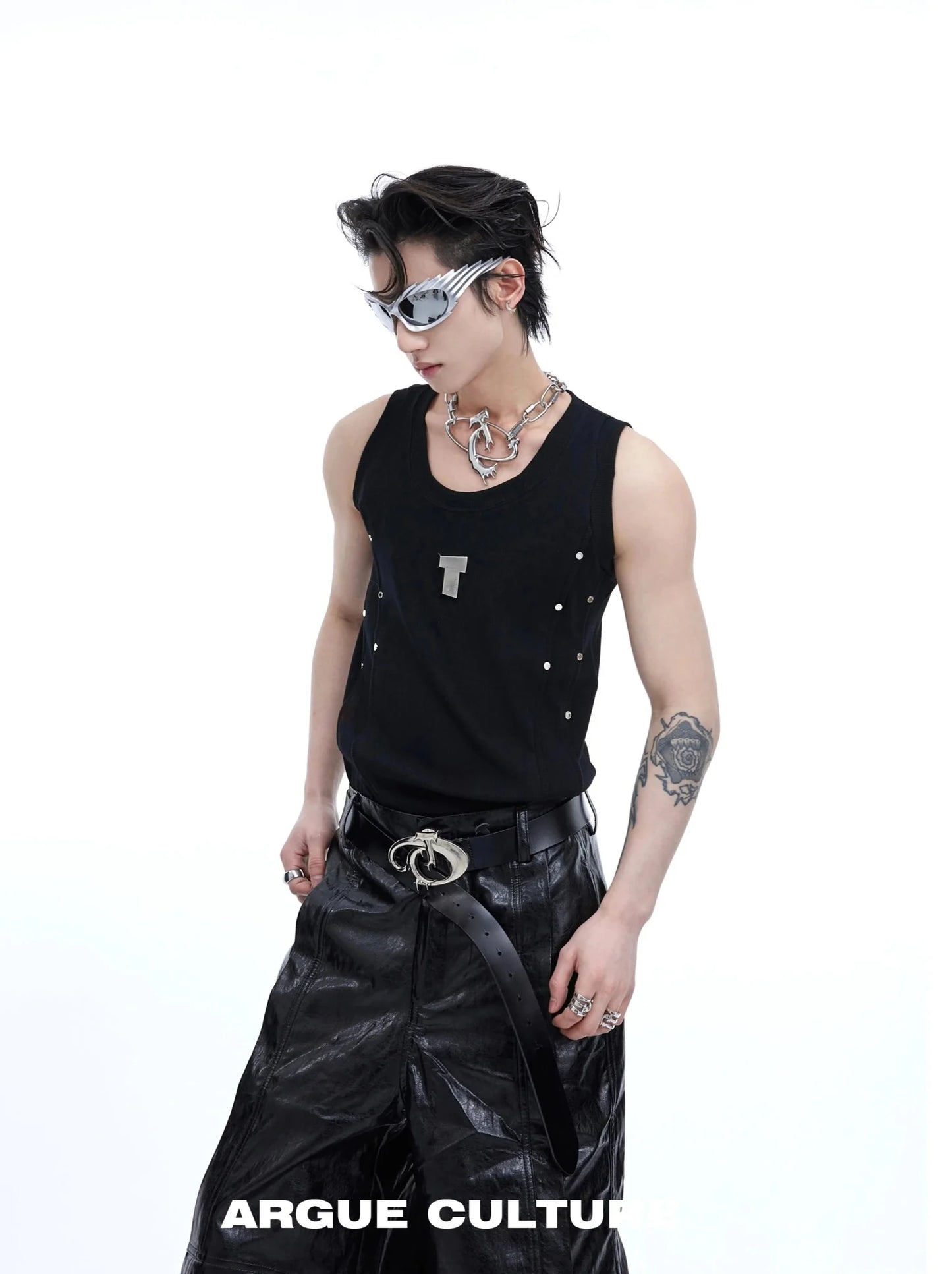 Men's Punk Sports Slim-Fit Tank Top with Metallic Accents & Line Pleated