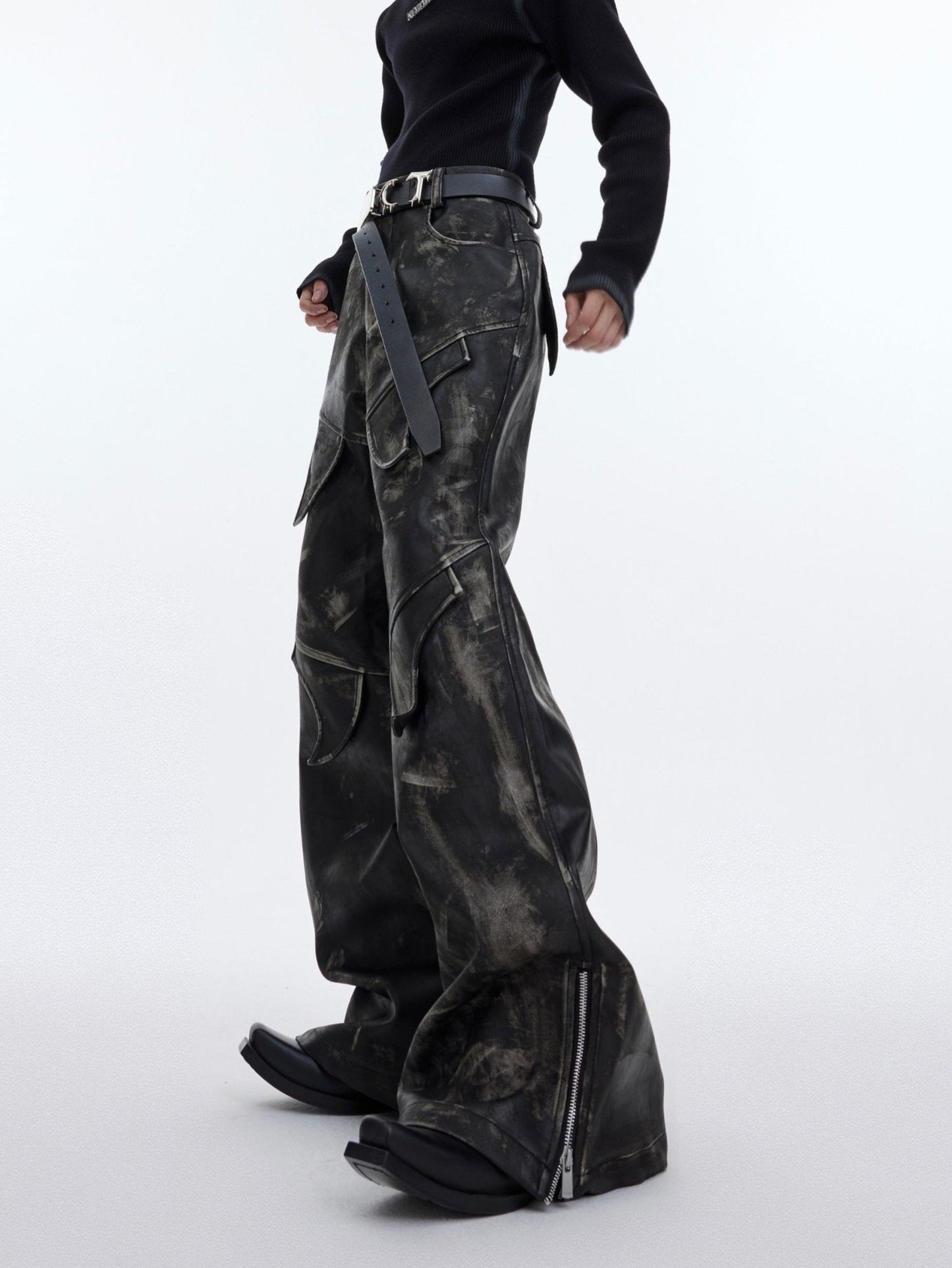 Men's Vintage Distressed Faux Leather Pants | Edgy Flare Trousers
