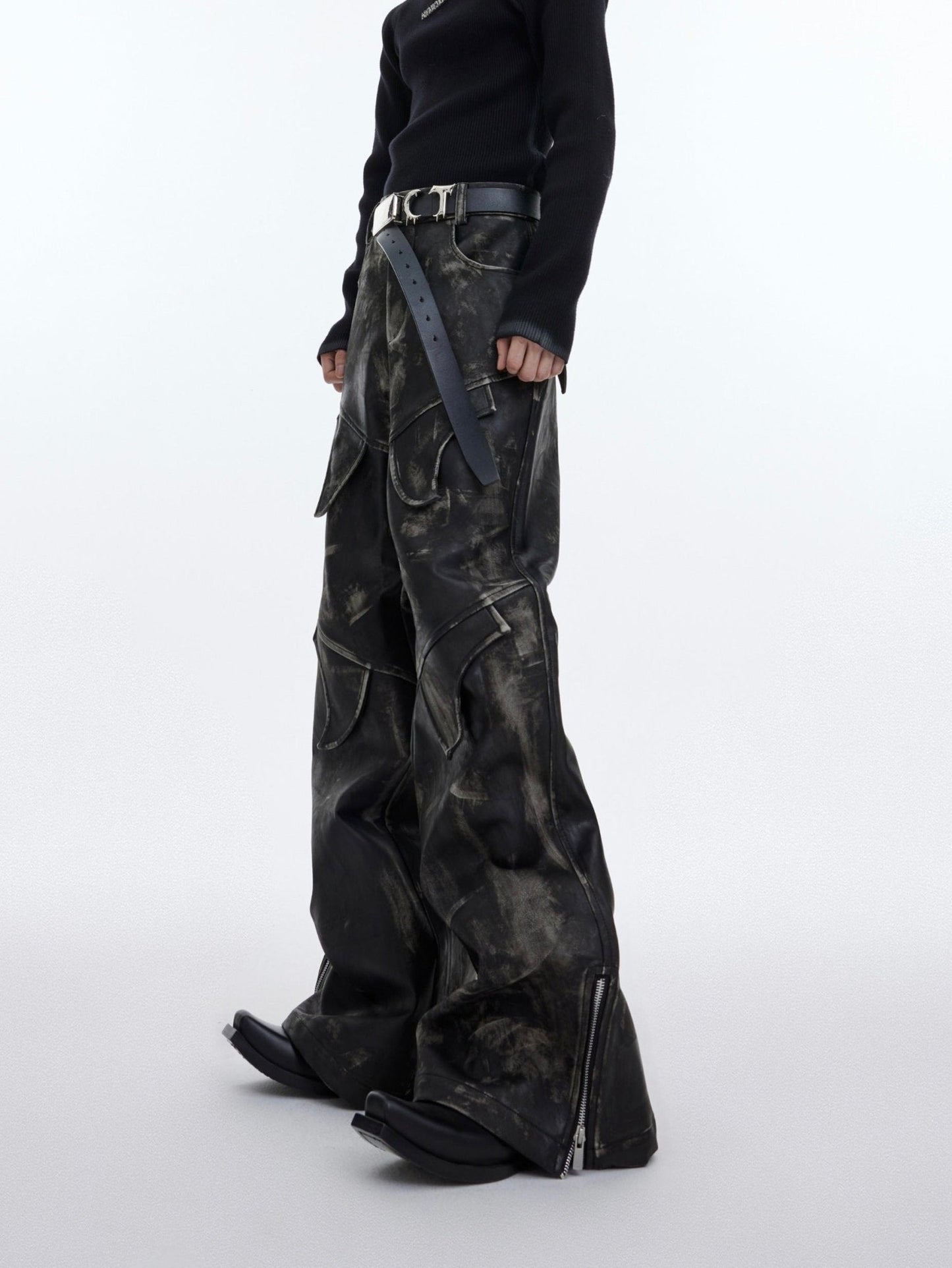 Men's Vintage Distressed Faux Leather Pants | Edgy Flare Trousers