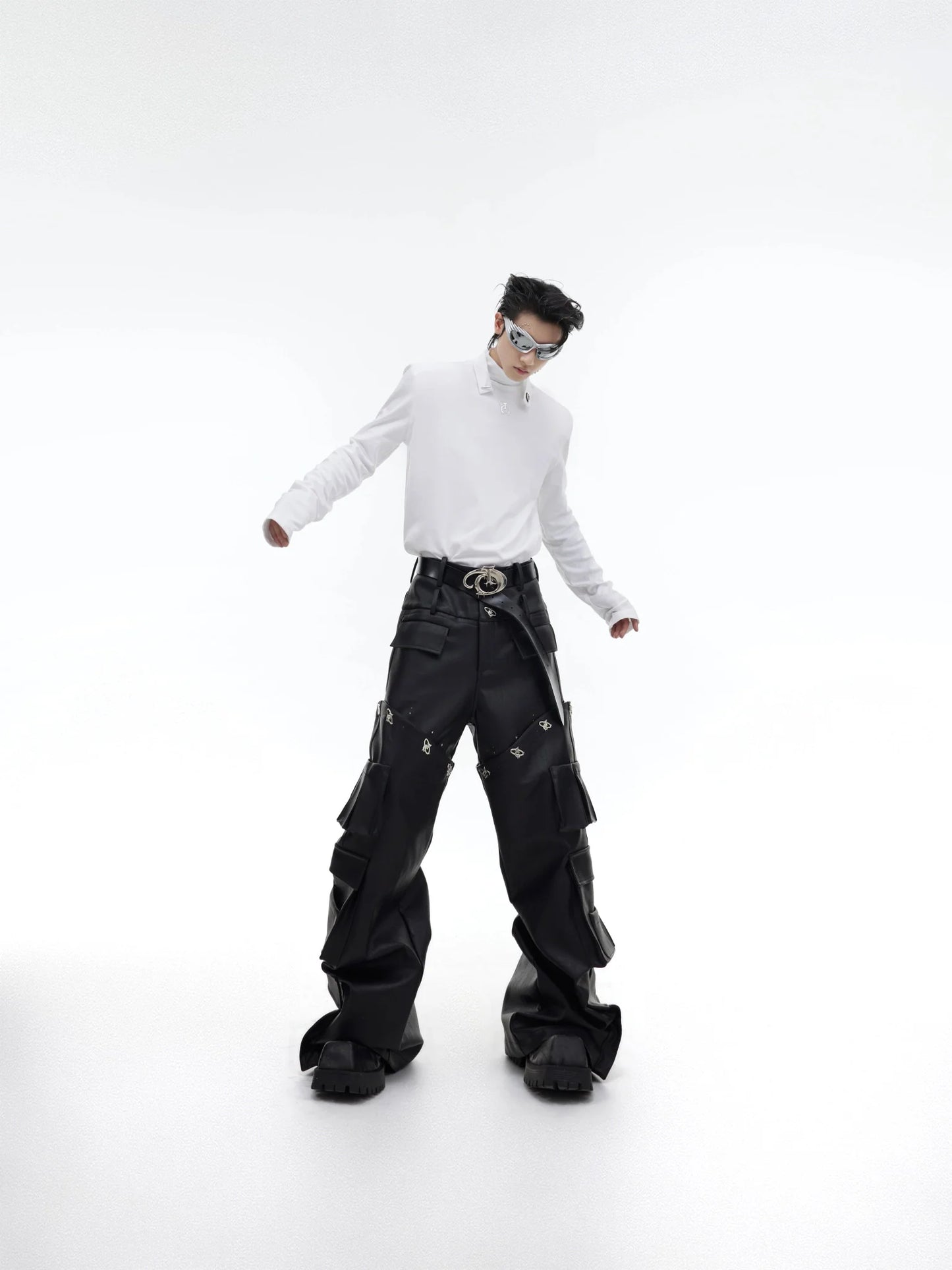 Metal Embellished High Neck Padded Shoulder Base Shirt for Autumn/Winter