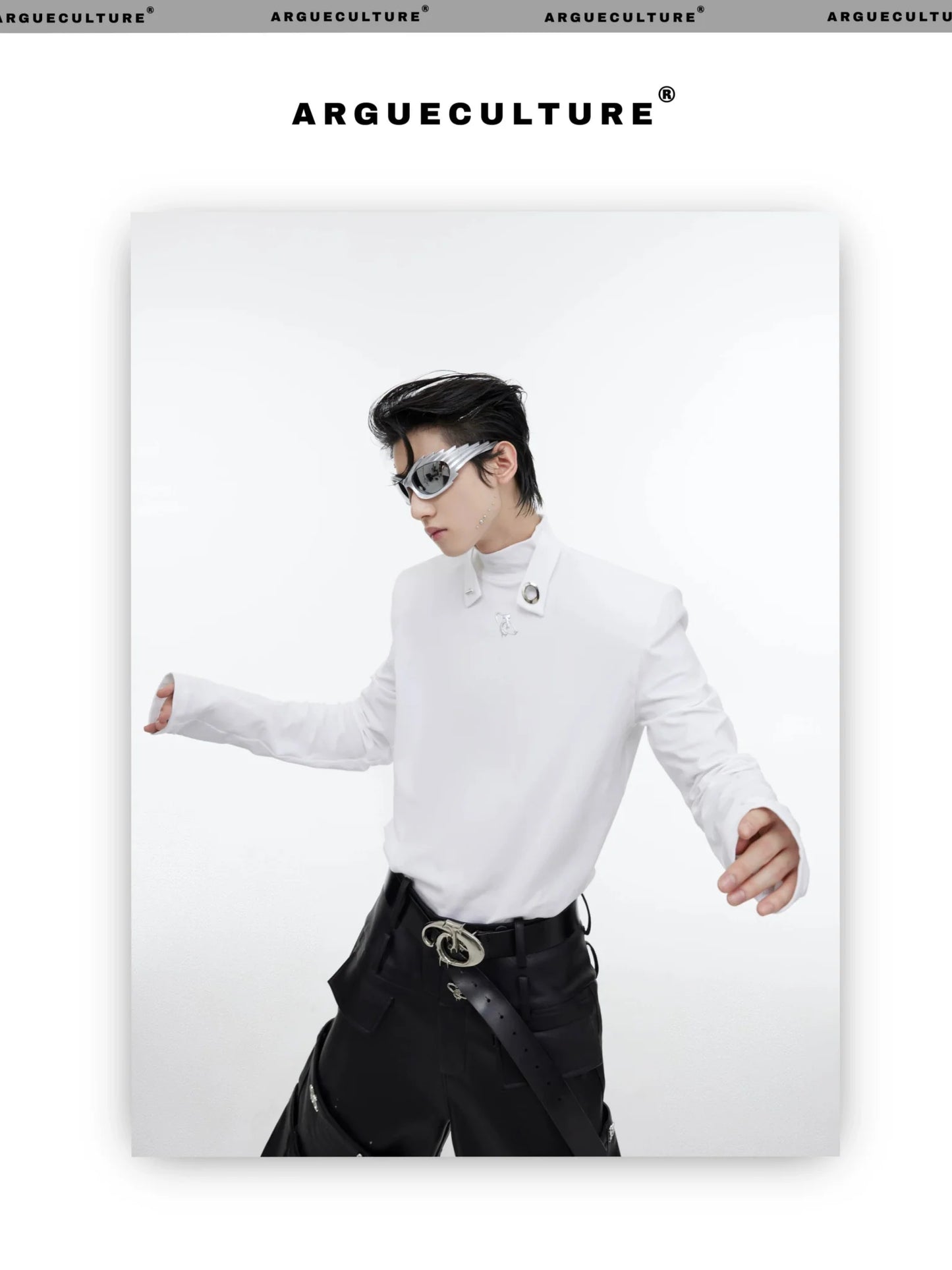 Metal Embellished High Neck Padded Shoulder Base Shirt for Autumn/Winter