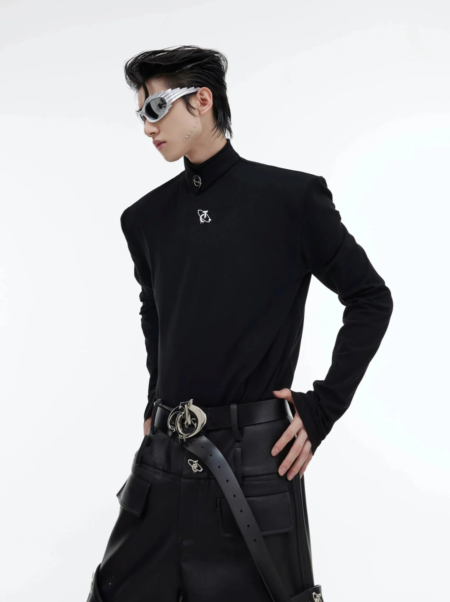 Metal Embellished High Neck Padded Shoulder Base Shirt for Autumn/Winter