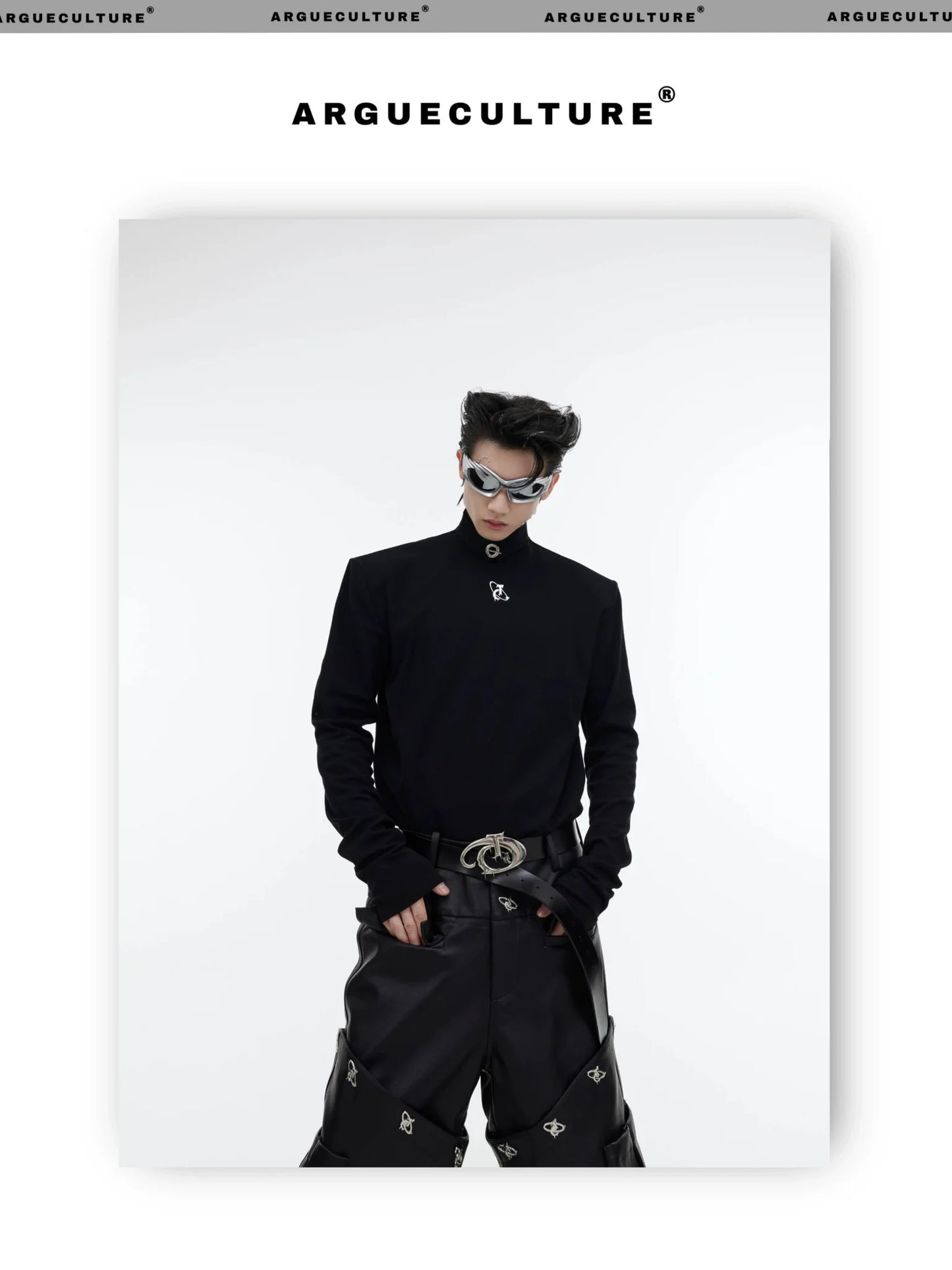 Metal Embellished High Neck Padded Shoulder Base Shirt for Autumn/Winter