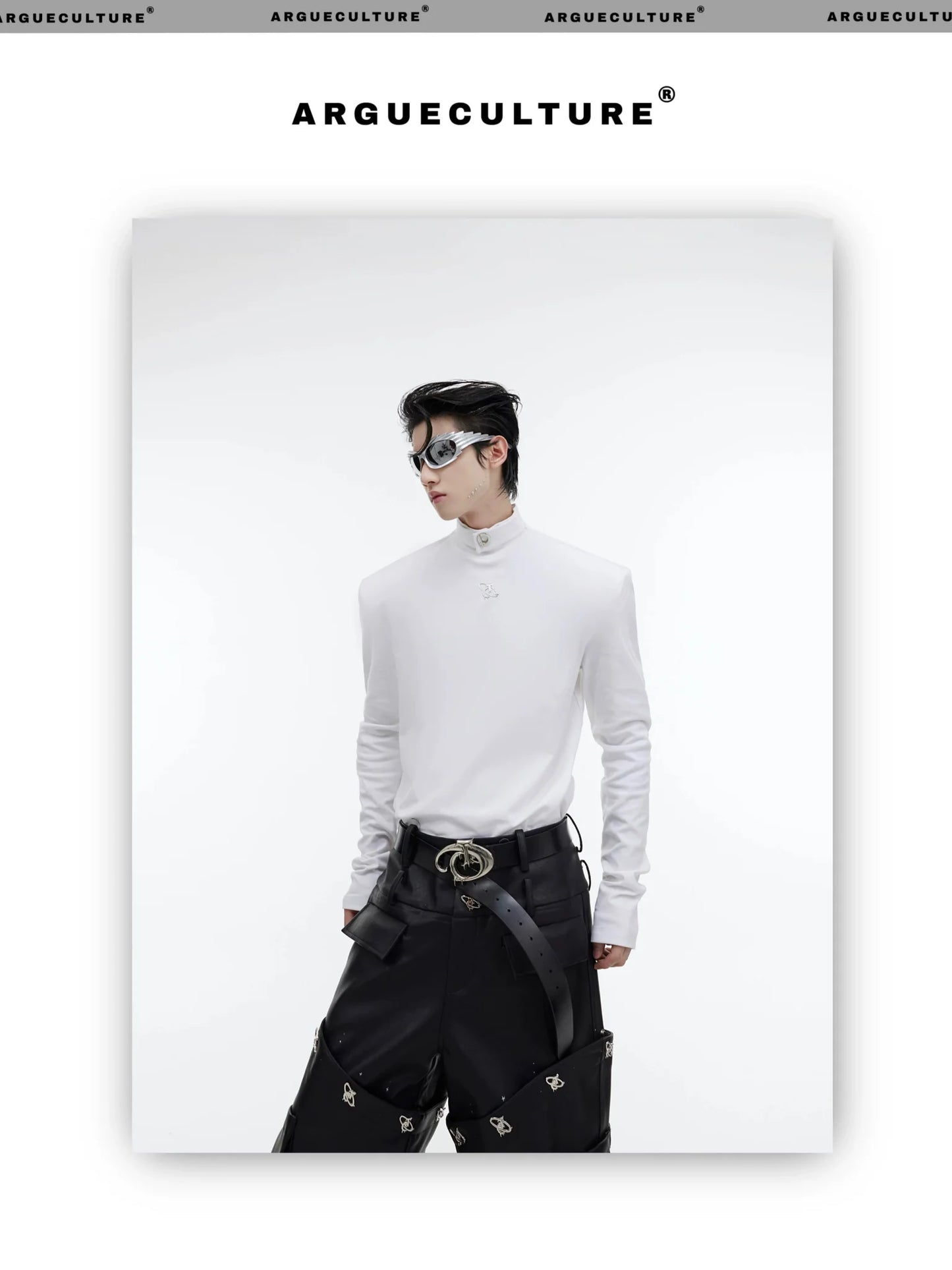 Metal Embellished High Neck Padded Shoulder Base Shirt for Autumn/Winter