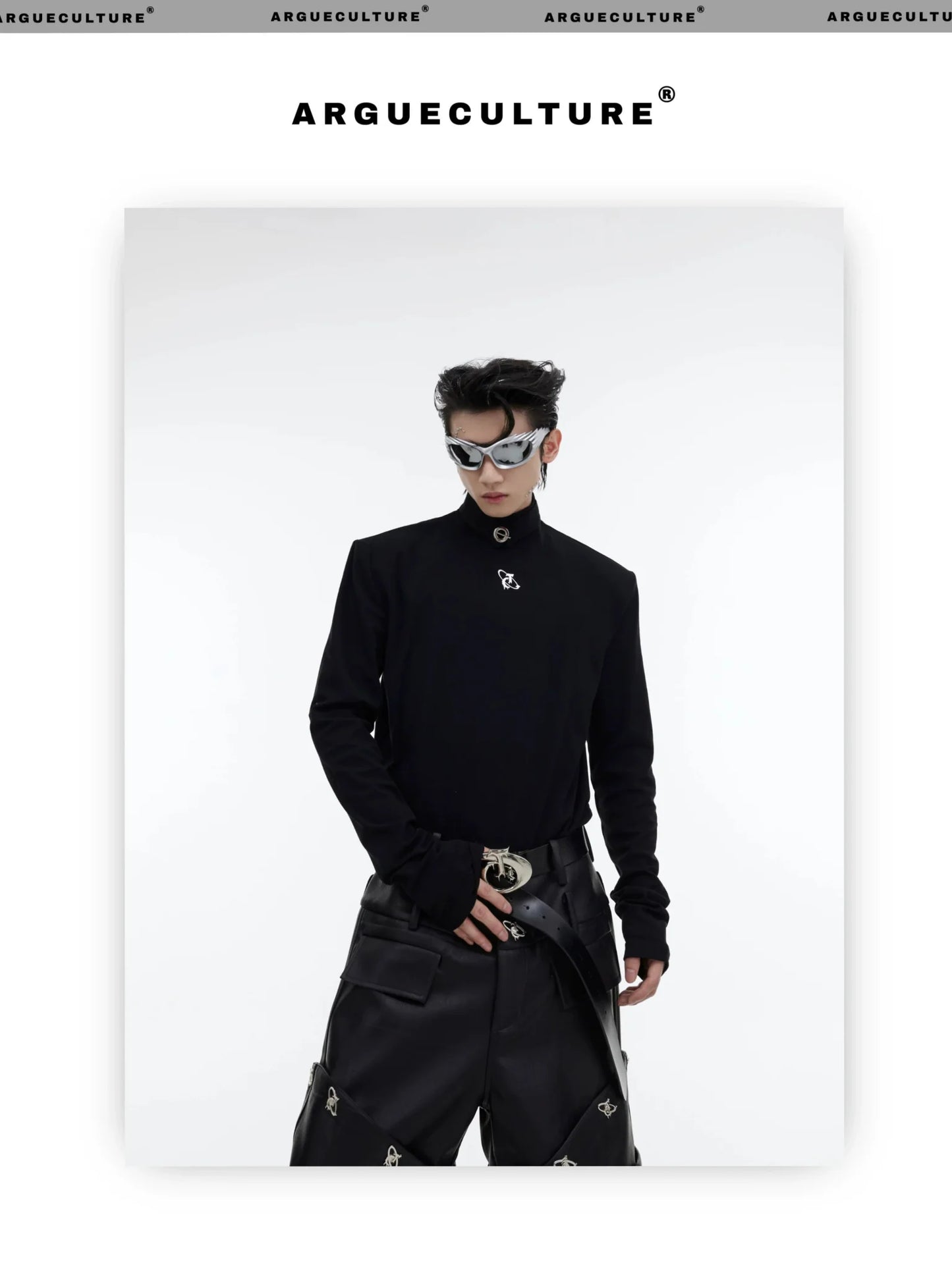 Metal Embellished High Neck Padded Shoulder Base Shirt for Autumn/Winter