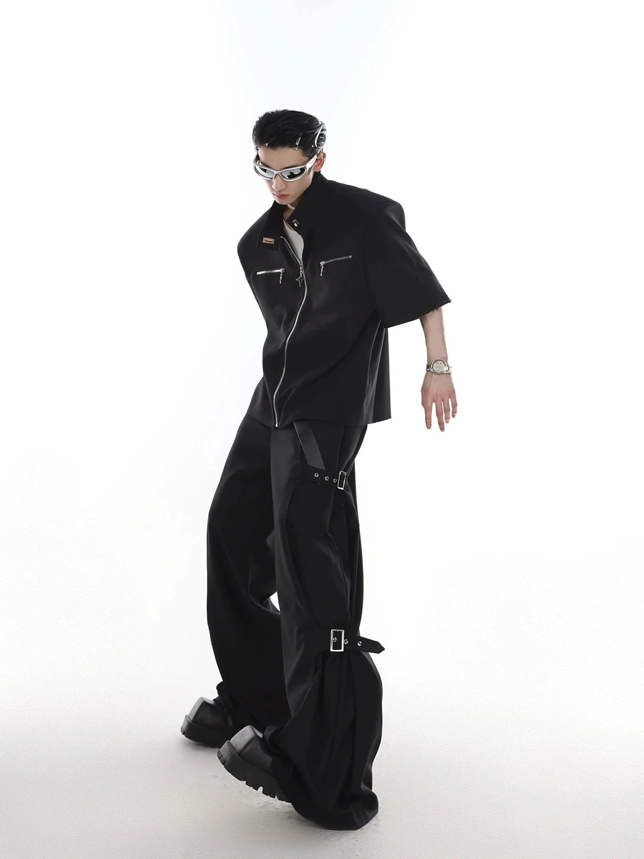 Metal Zip Short Sleeve Shirt Blazer with Mandarin Collar for Summer