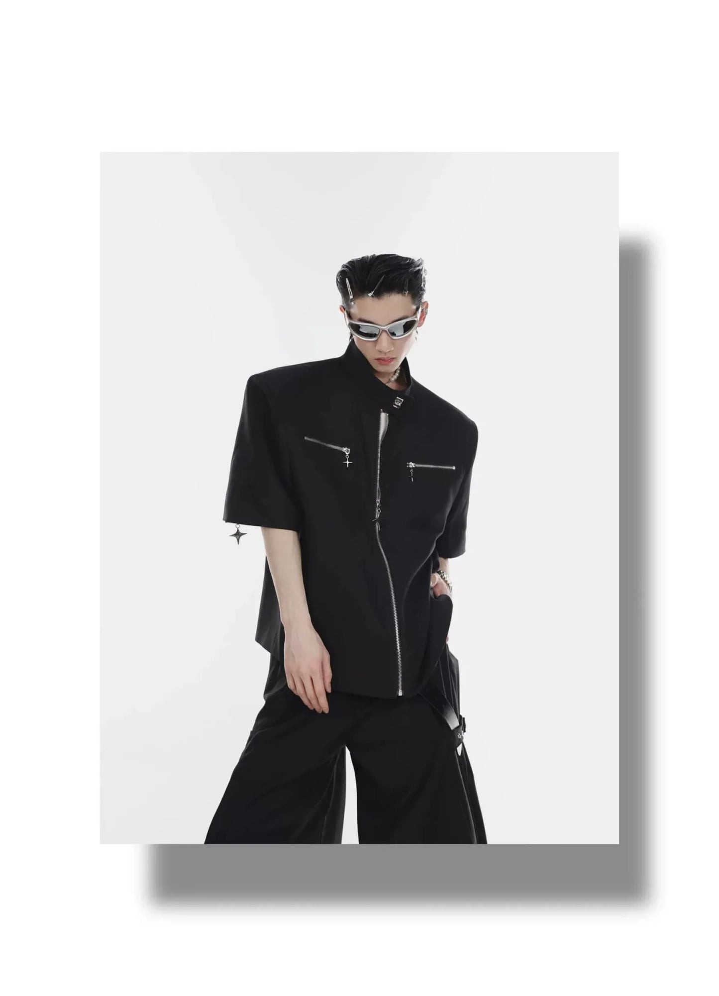 Metal Zip Short Sleeve Shirt Blazer with Mandarin Collar for Summer