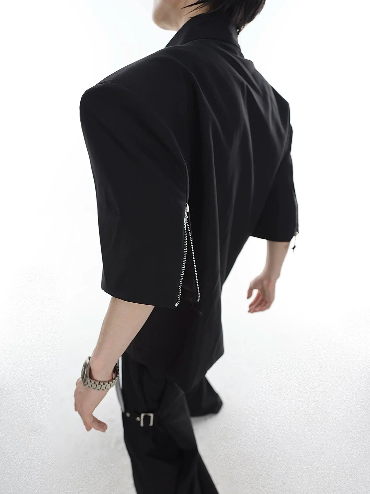 Metal Zip Short Sleeve Shirt Blazer with Mandarin Collar for Summer