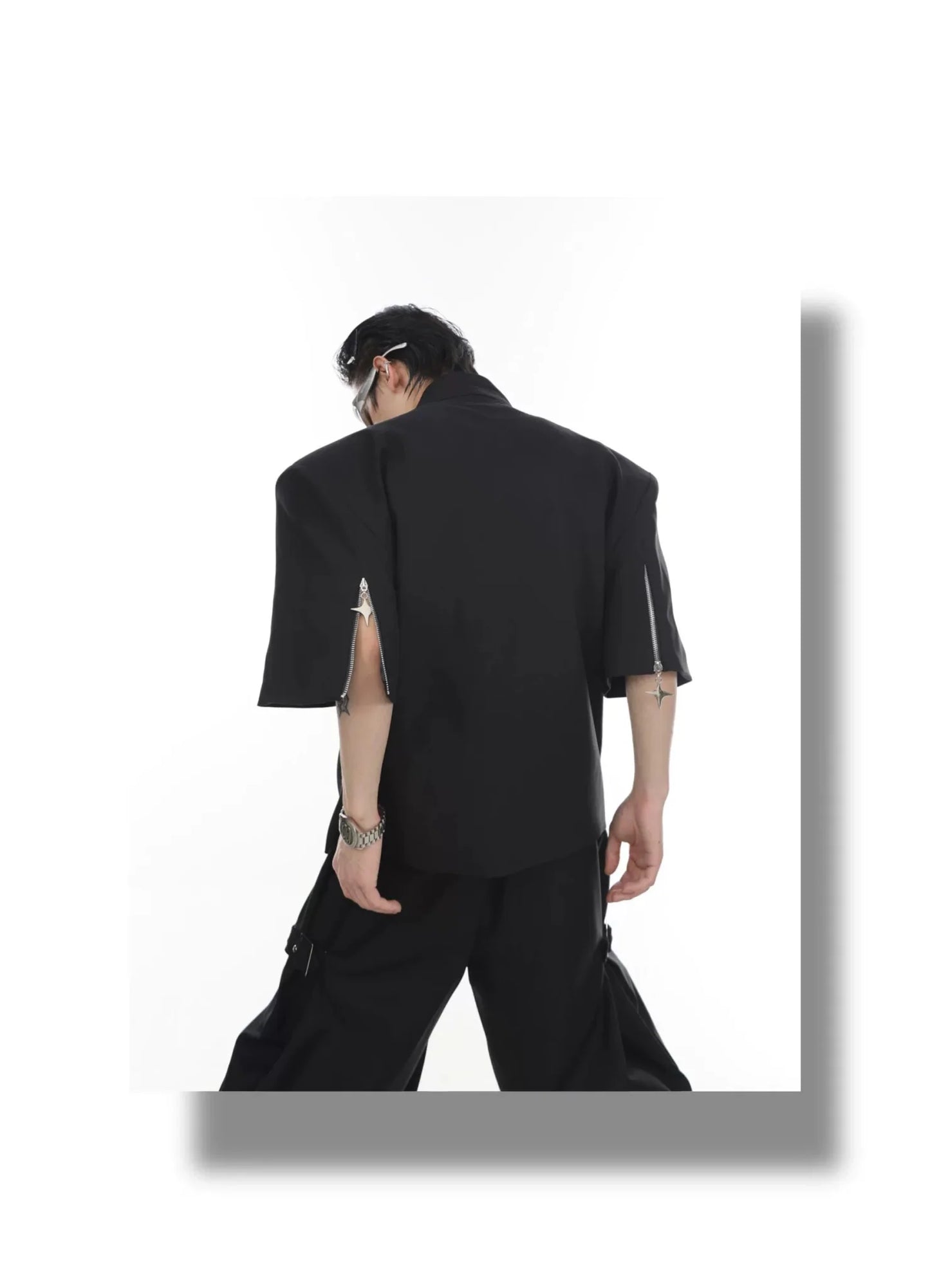 Metal Zip Short Sleeve Shirt Blazer with Mandarin Collar for Summer