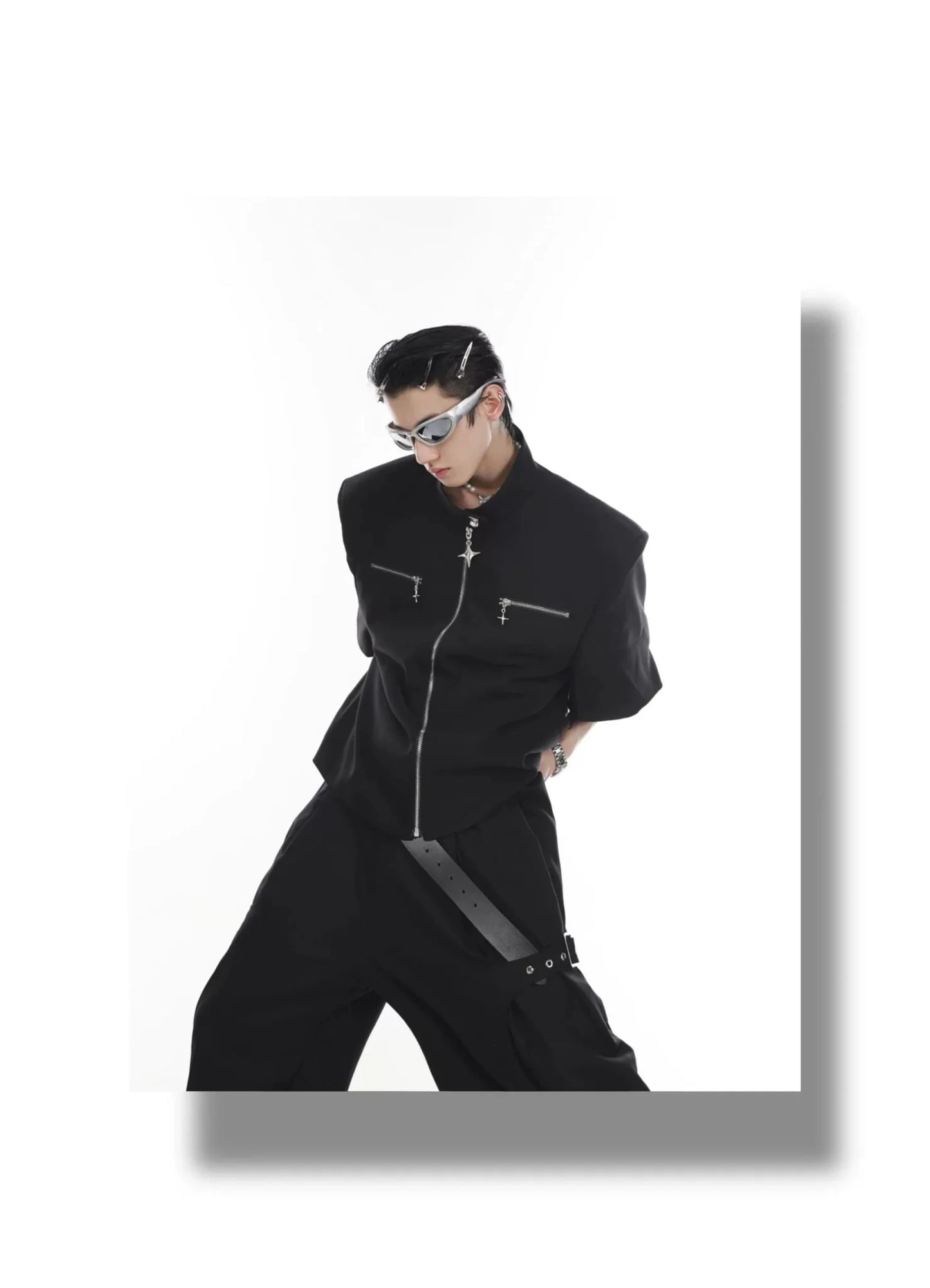 Metal Zip Short Sleeve Shirt Blazer with Mandarin Collar for Summer