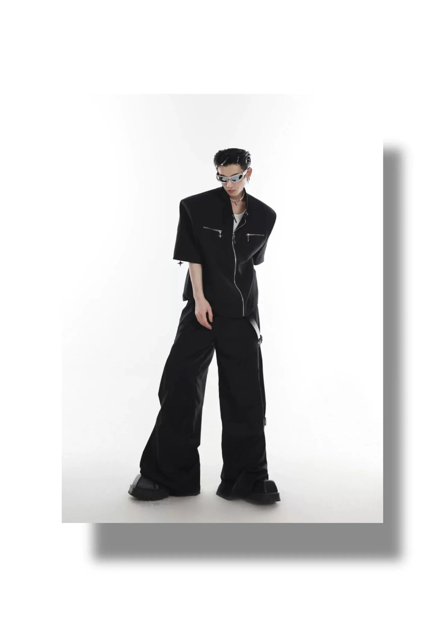 Metal Zip Short Sleeve Shirt Blazer with Mandarin Collar for Summer