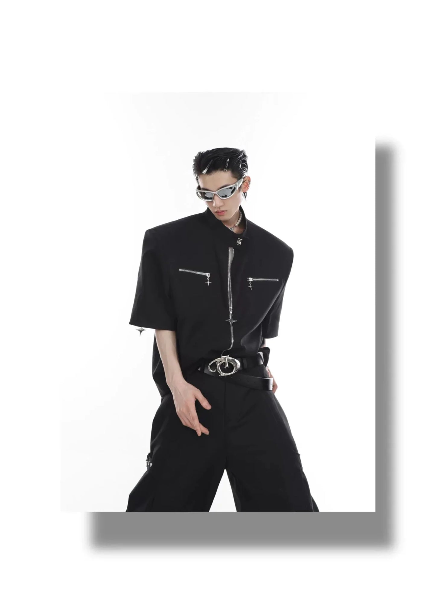 Metal Zip Short Sleeve Shirt Blazer with Mandarin Collar for Summer