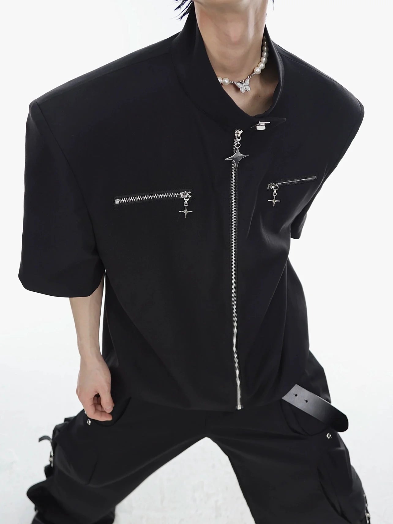 Metal Zip Short Sleeve Shirt Blazer with Mandarin Collar for Summer