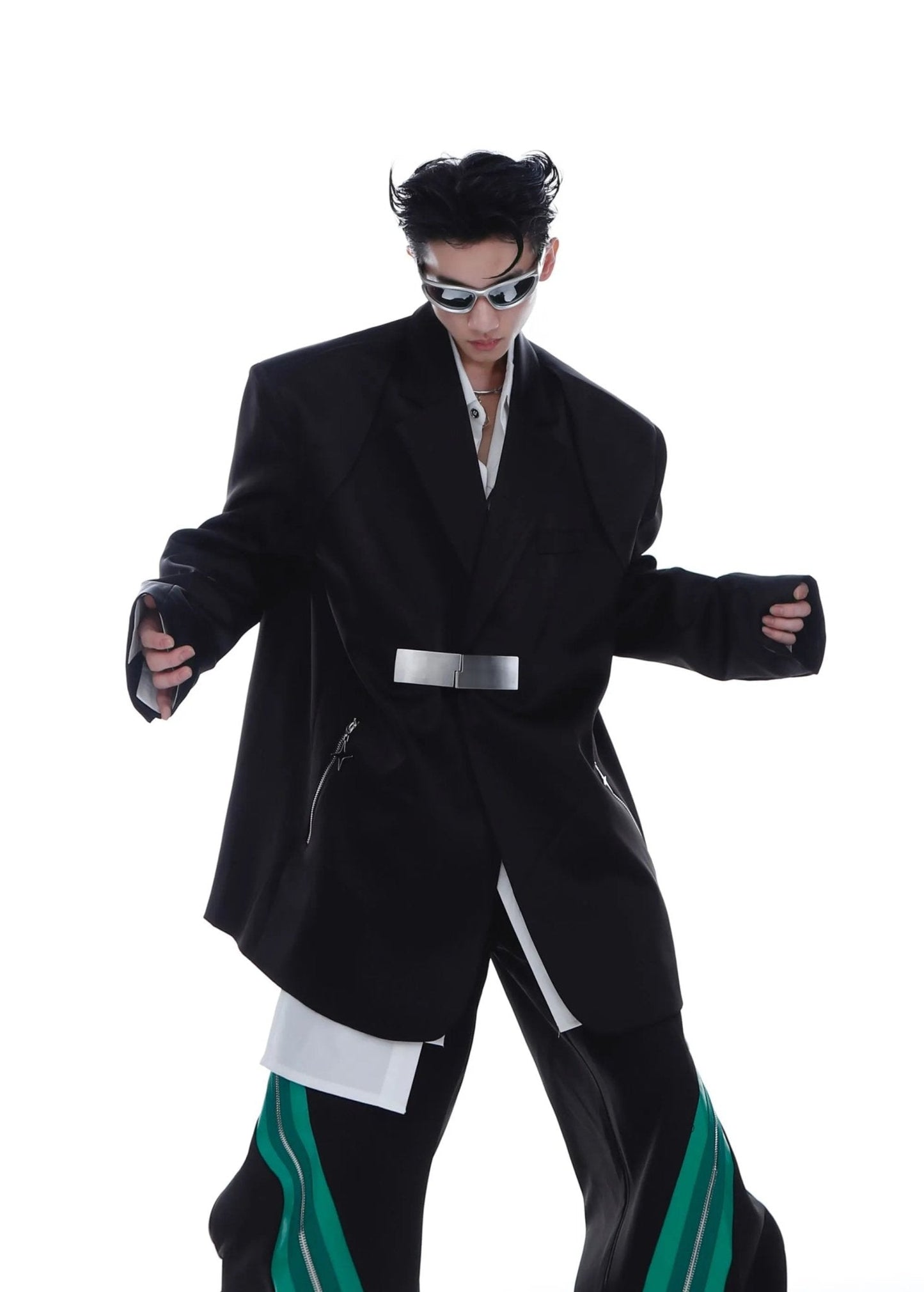 Metallic Clasp Blazer with Zipper Detail | Trendy Ice Silk Fabric Jacket