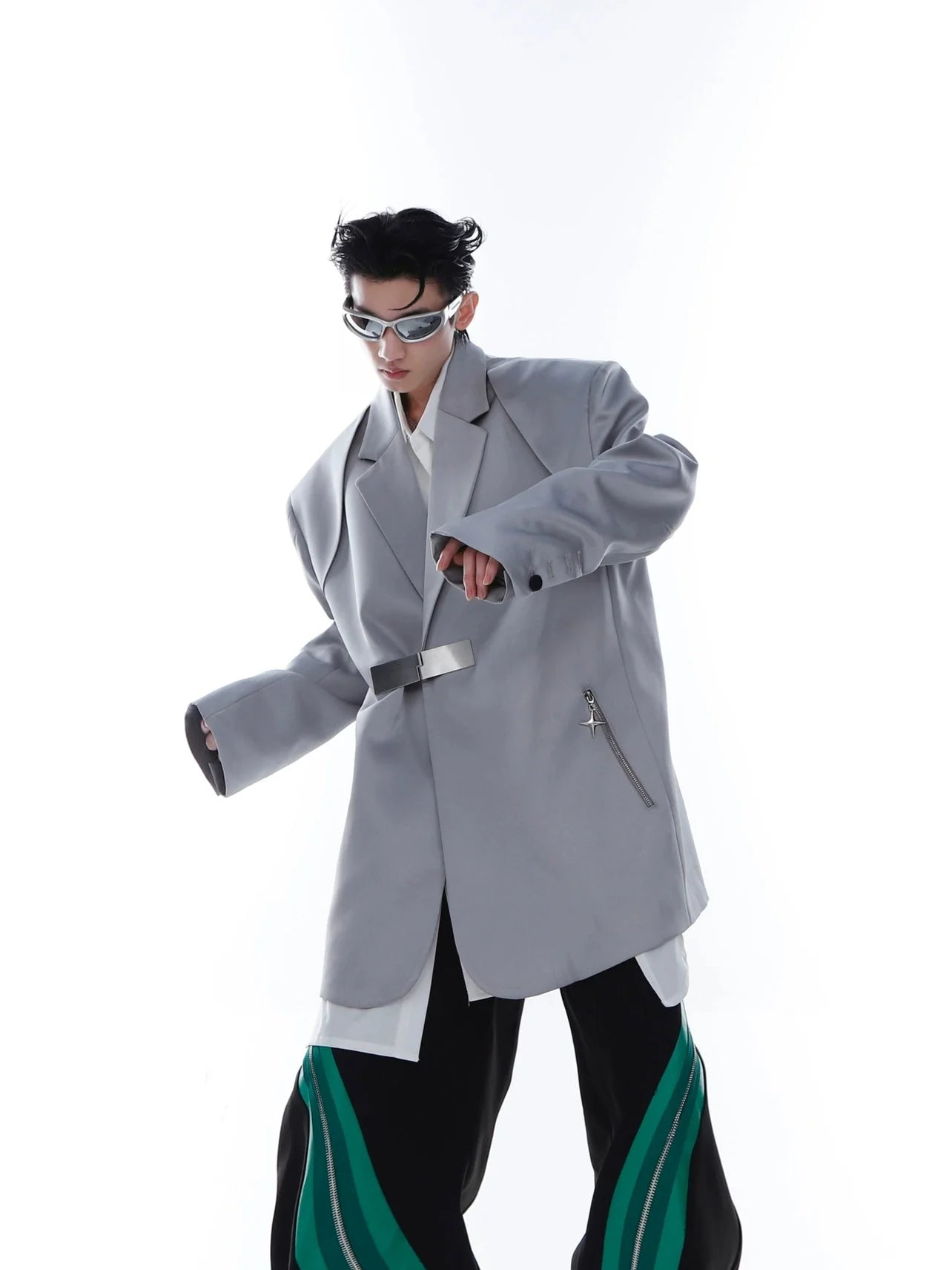 Metallic Clasp Blazer with Zipper Detail | Trendy Ice Silk Fabric Jacket