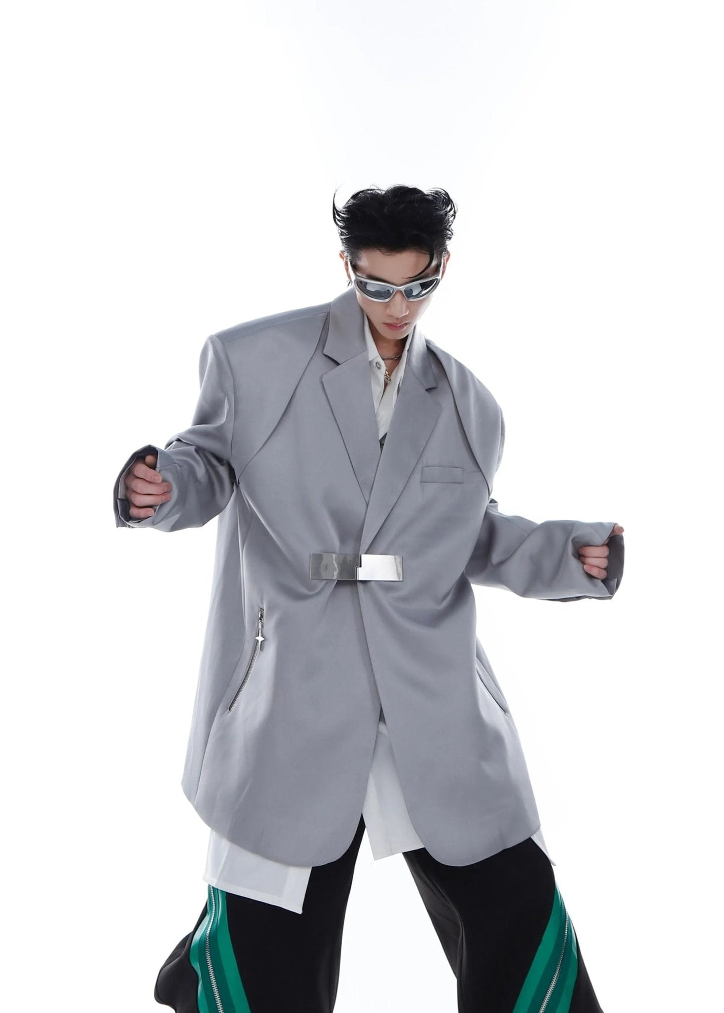 Metallic Clasp Blazer with Zipper Detail | Trendy Ice Silk Fabric Jacket