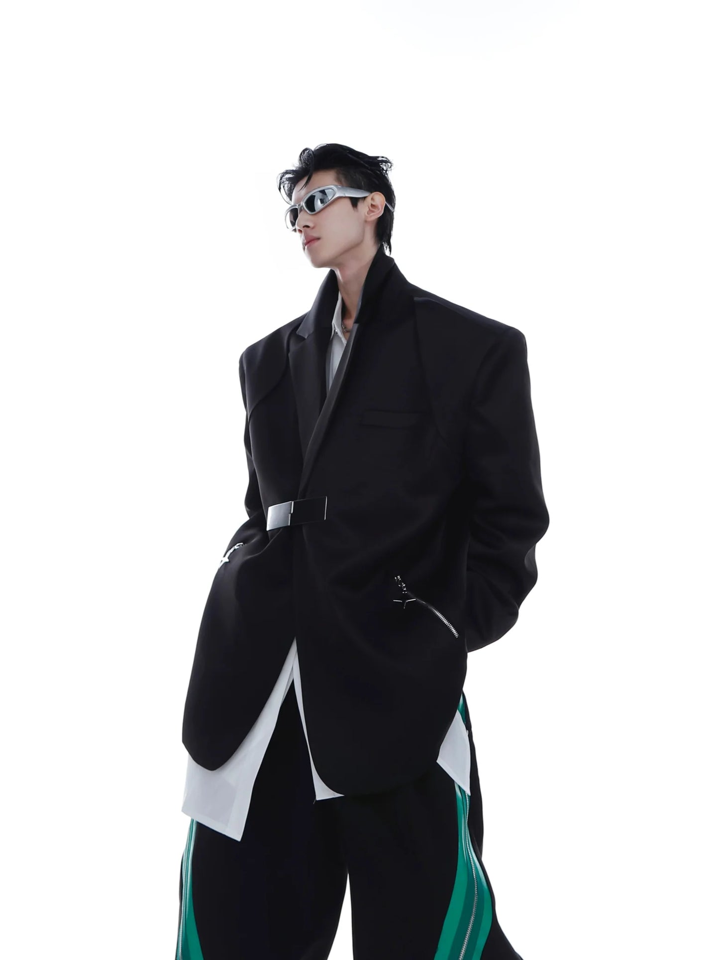 Metallic Clasp Blazer with Zipper Detail | Trendy Ice Silk Fabric Jacket