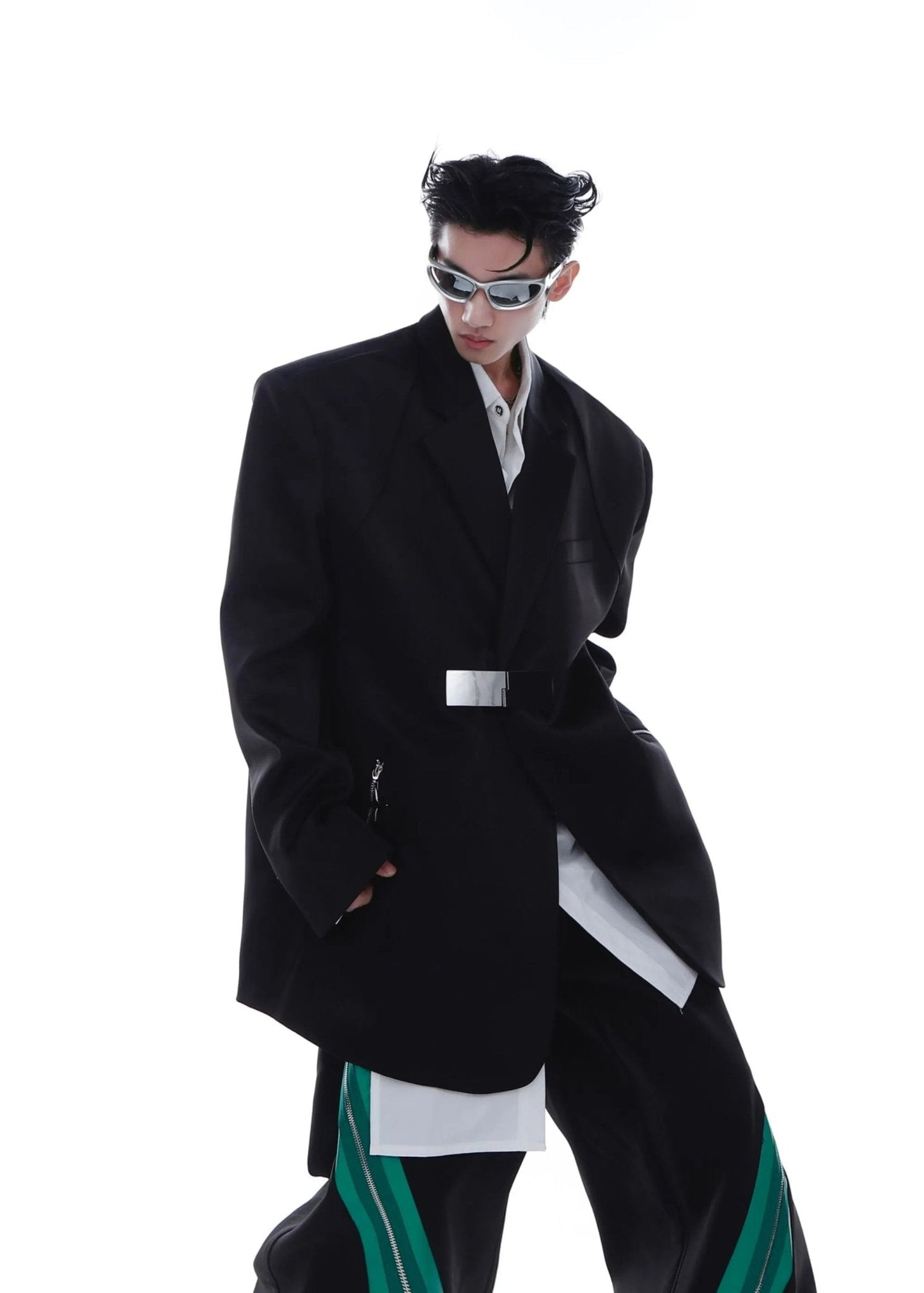 Metallic Clasp Blazer with Zipper Detail | Trendy Ice Silk Fabric Jacket