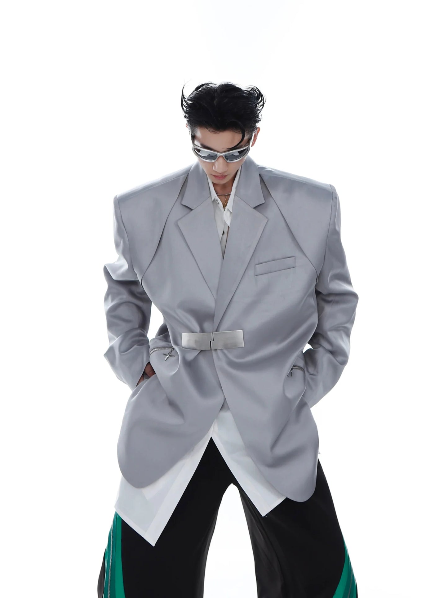 Metallic Clasp Blazer with Zipper Detail | Trendy Ice Silk Fabric Jacket