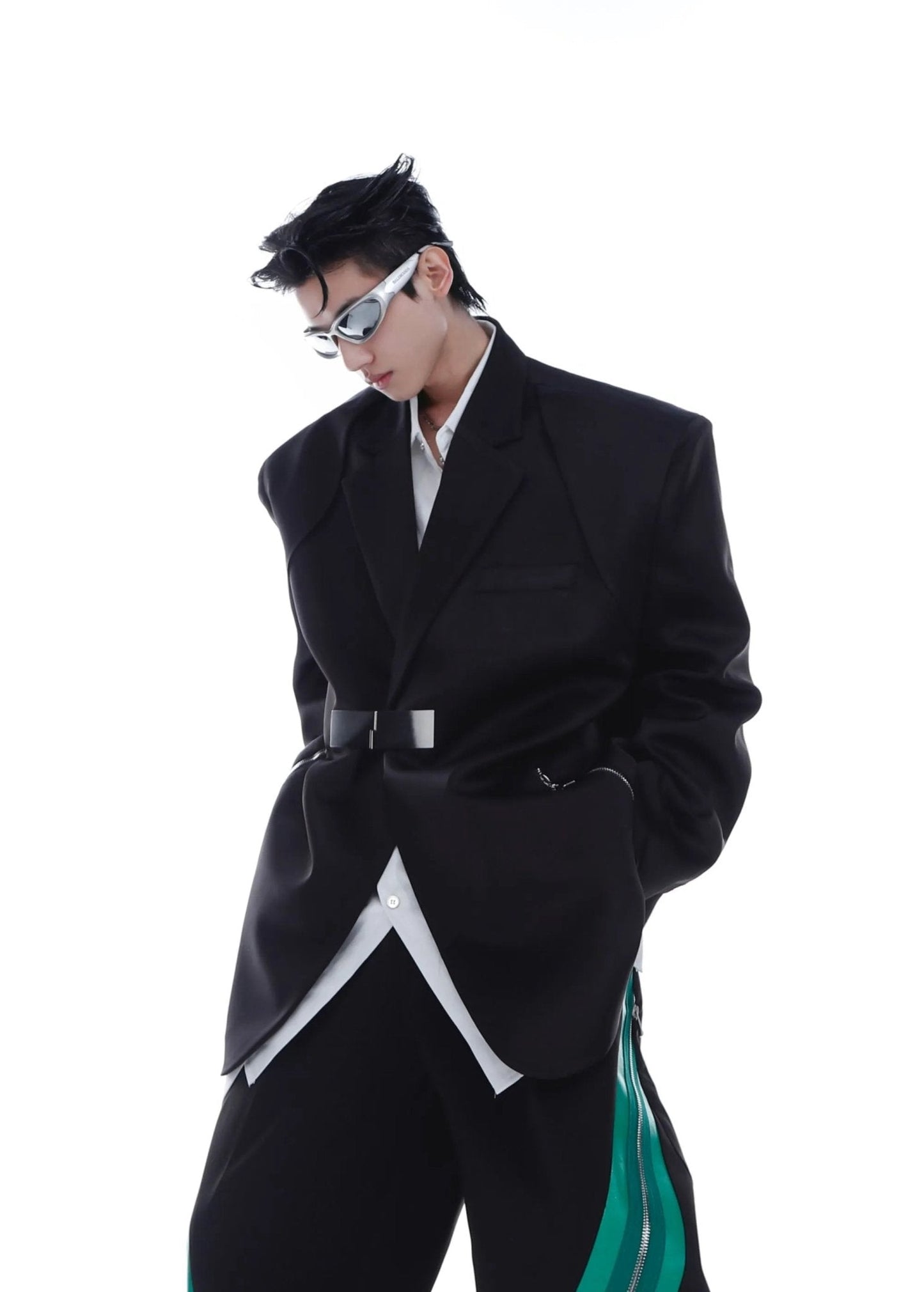 Metallic Clasp Blazer with Zipper Detail | Trendy Ice Silk Fabric Jacket