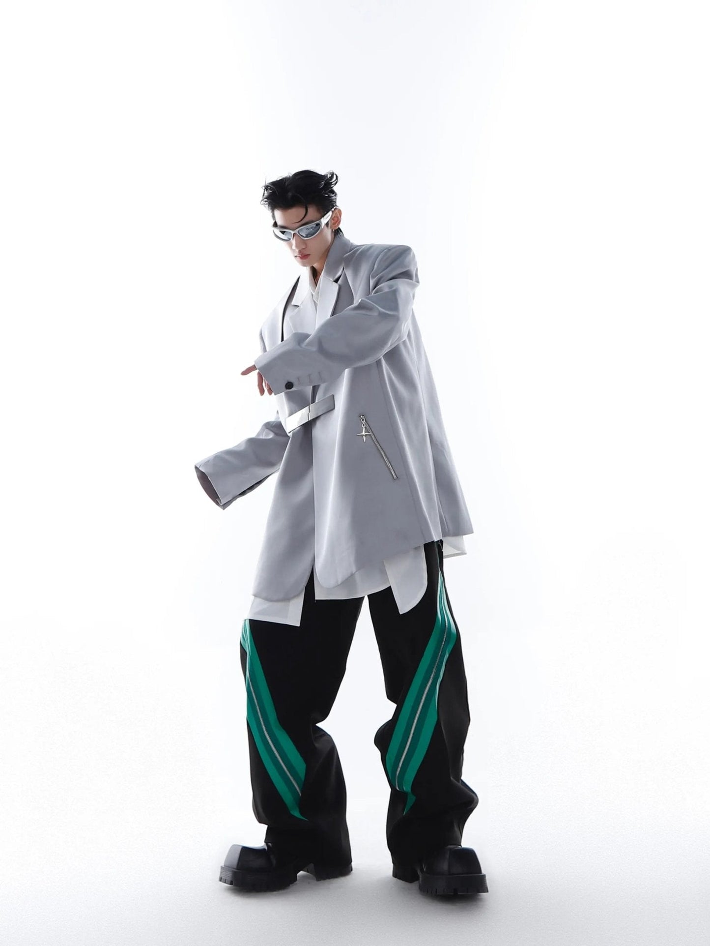 Metallic Clasp Blazer with Zipper Detail | Trendy Ice Silk Fabric Jacket