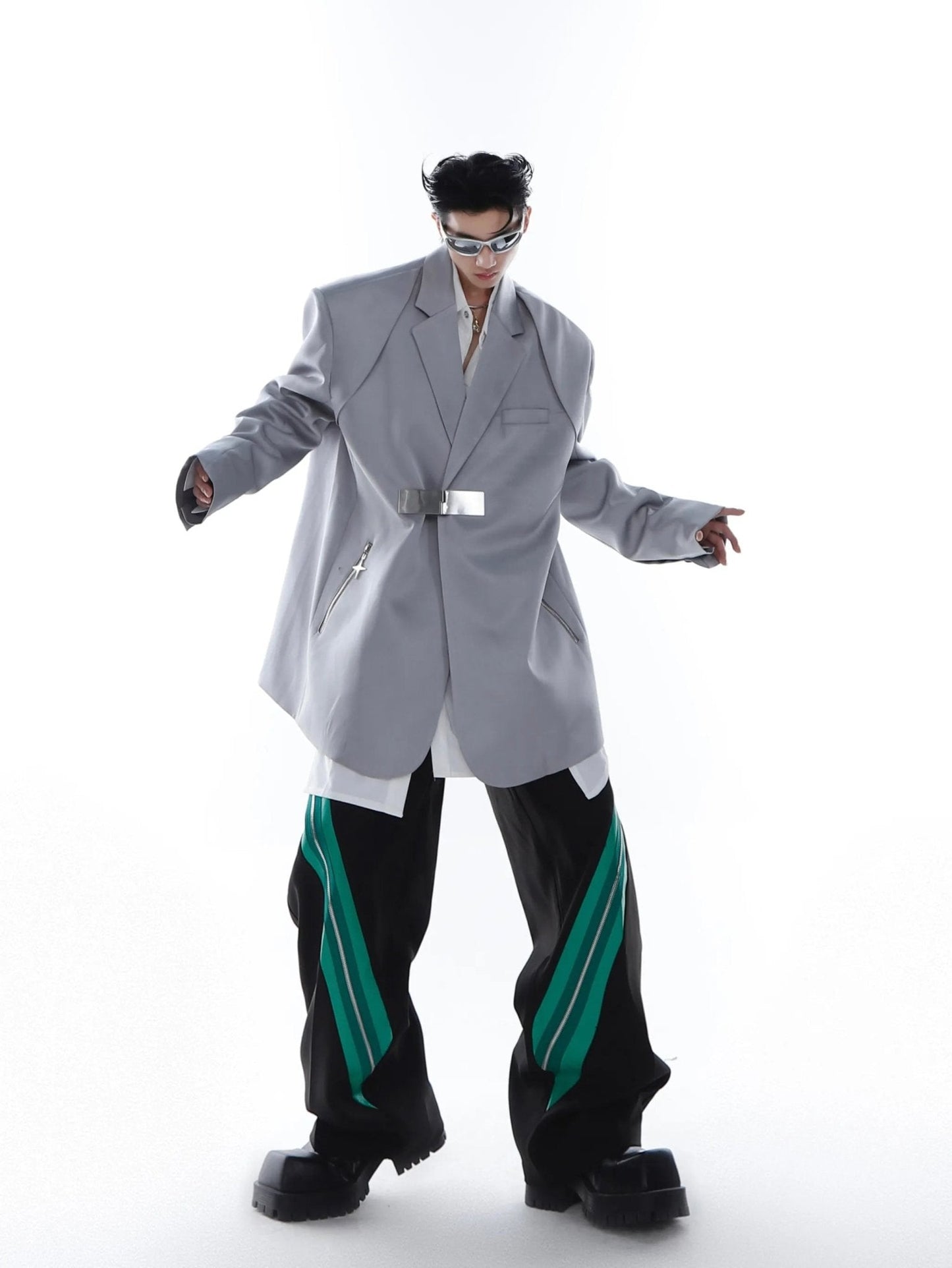 Metallic Clasp Blazer with Zipper Detail | Trendy Ice Silk Fabric Jacket