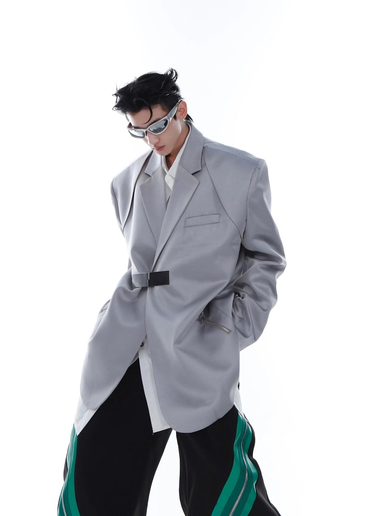 Metallic Clasp Blazer with Zipper Detail | Trendy Ice Silk Fabric Jacket