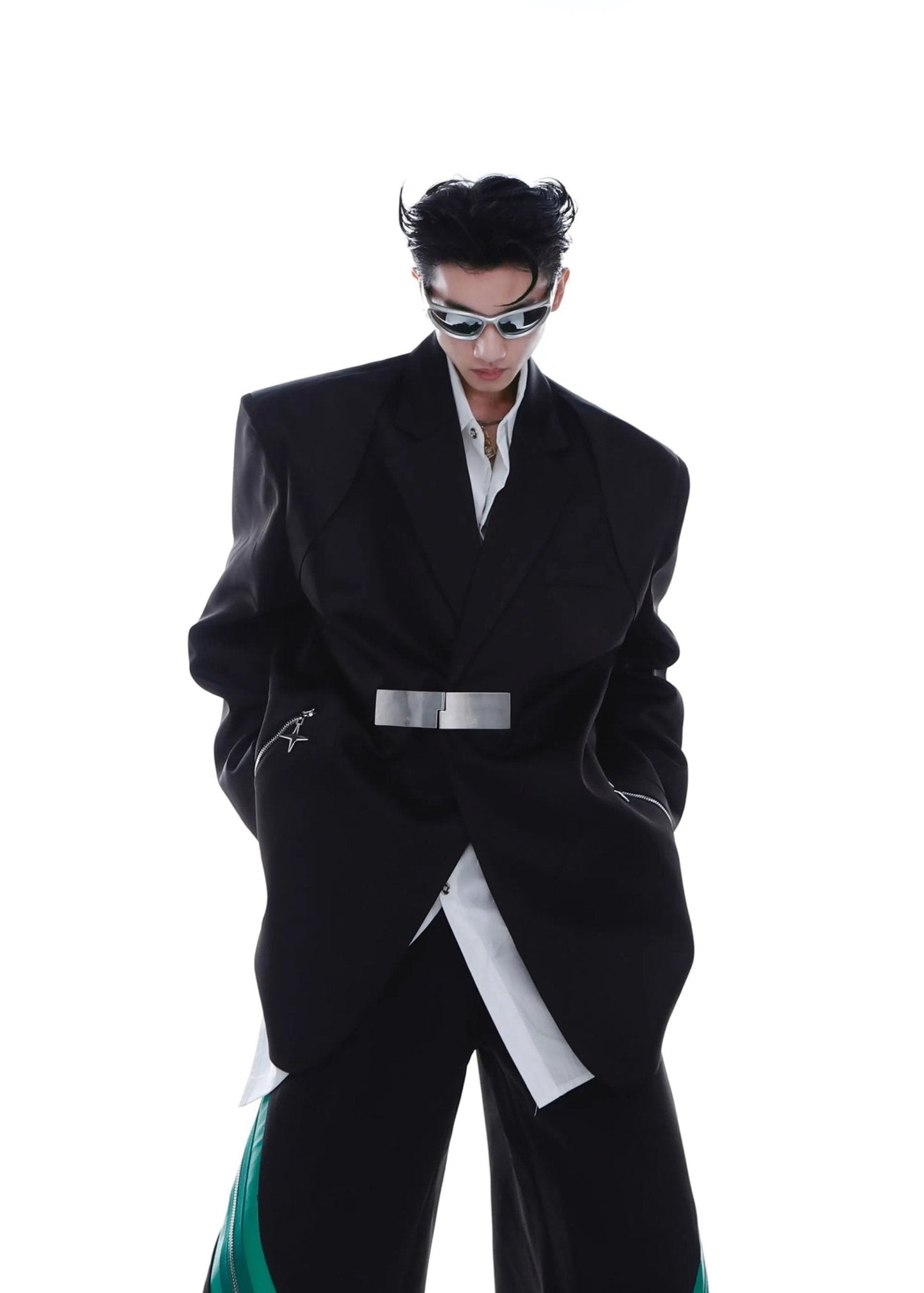 Metallic Clasp Blazer with Zipper Detail | Trendy Ice Silk Fabric Jacket