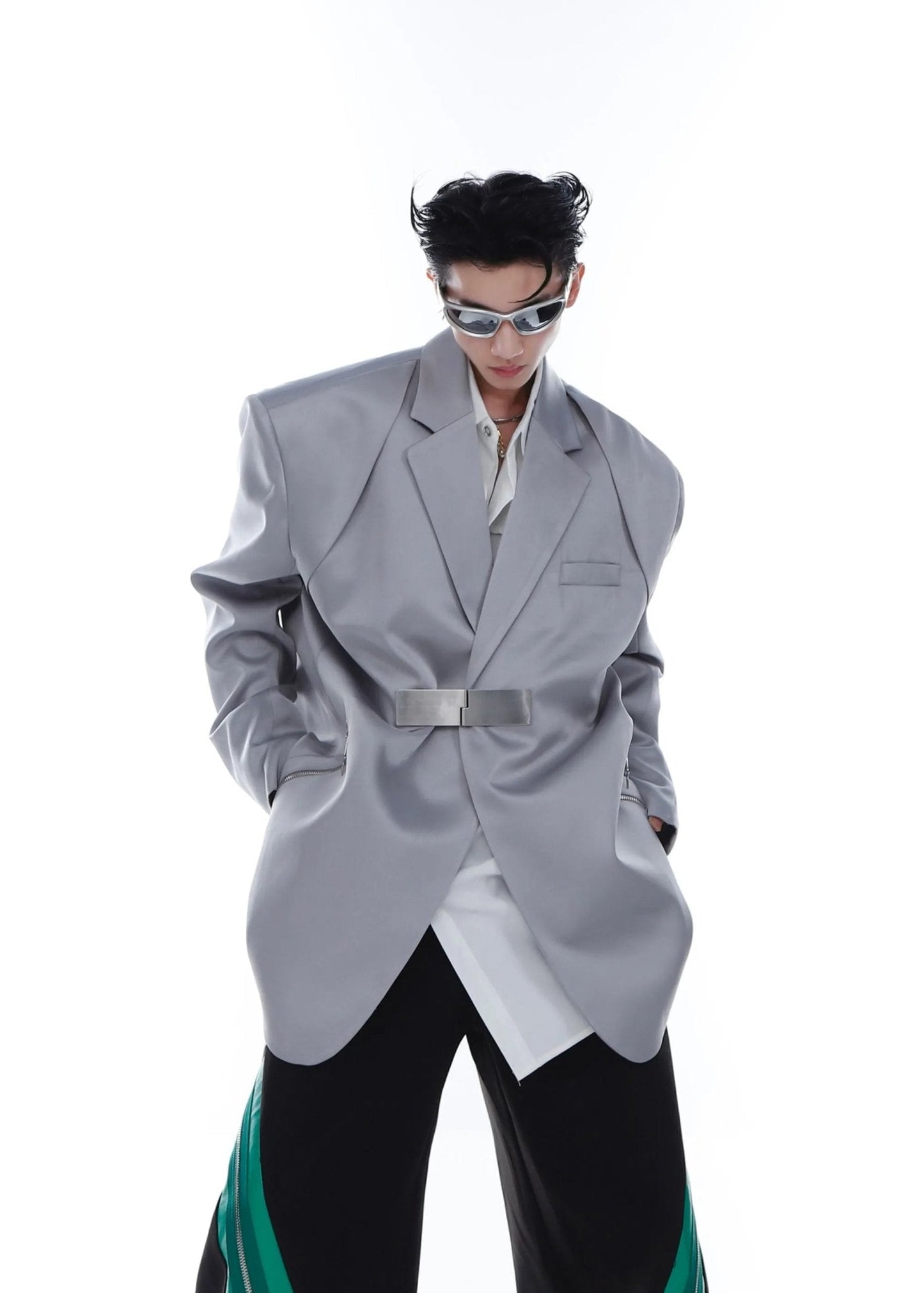 Metallic Clasp Blazer with Zipper Detail | Trendy Ice Silk Fabric Jacket