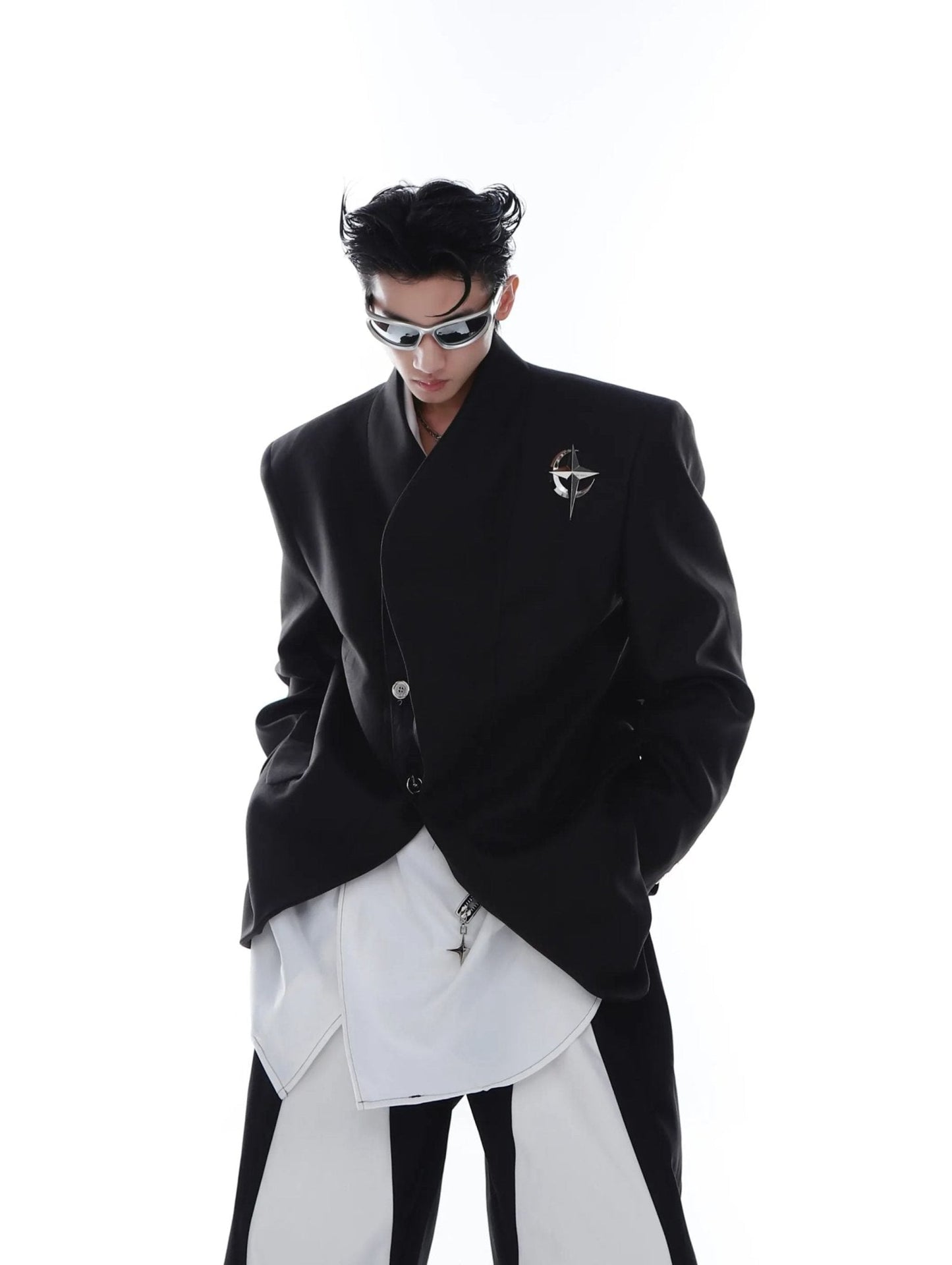 Metallic Detail Collarless Shoulder-Padded Blazer | Loose-Fit Jacket