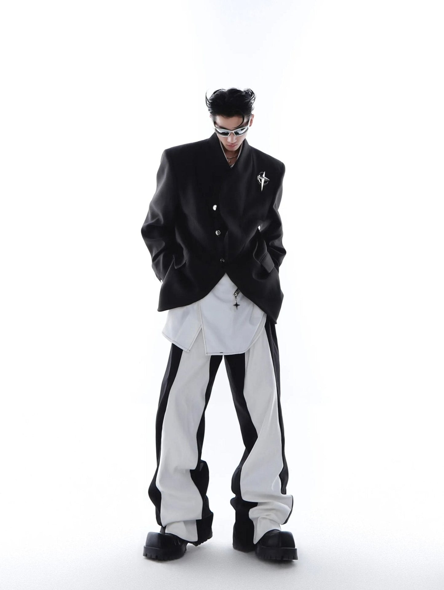 Metallic Detail Collarless Shoulder-Padded Blazer | Loose-Fit Jacket