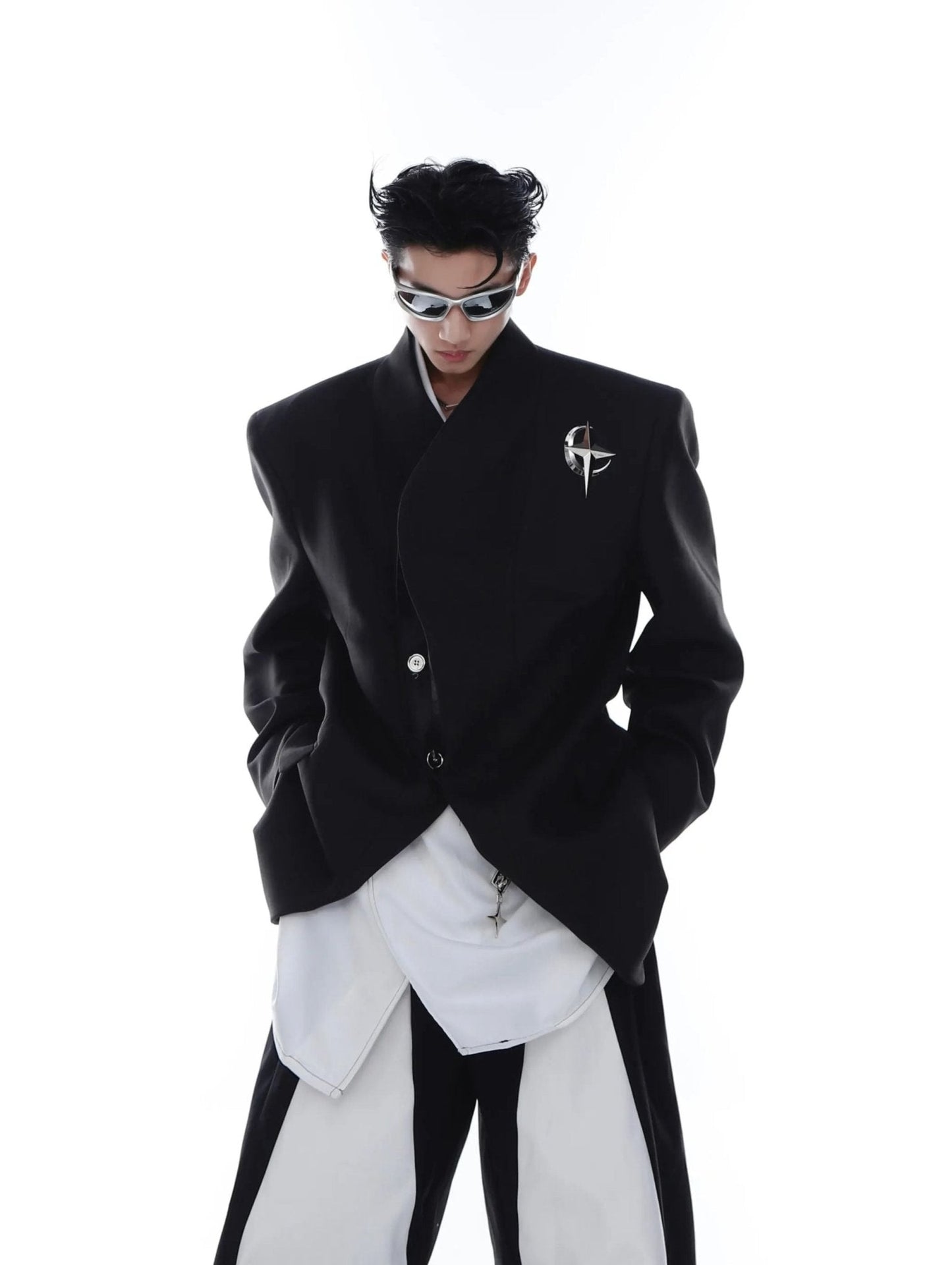 Metallic Detail Collarless Shoulder-Padded Blazer | Loose-Fit Jacket