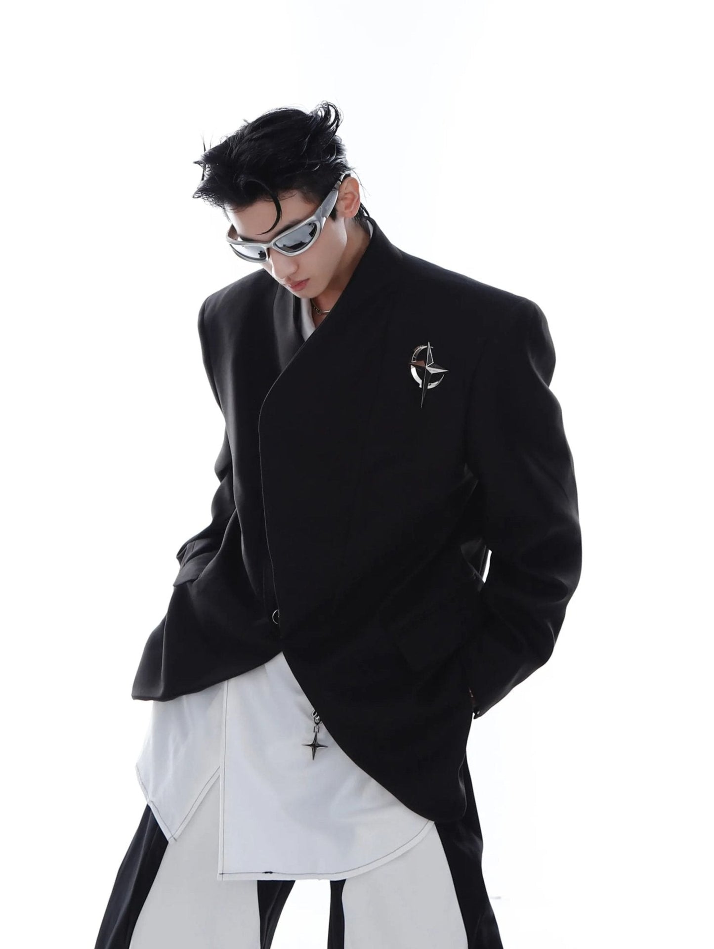 Metallic Detail Collarless Shoulder-Padded Blazer | Loose-Fit Jacket