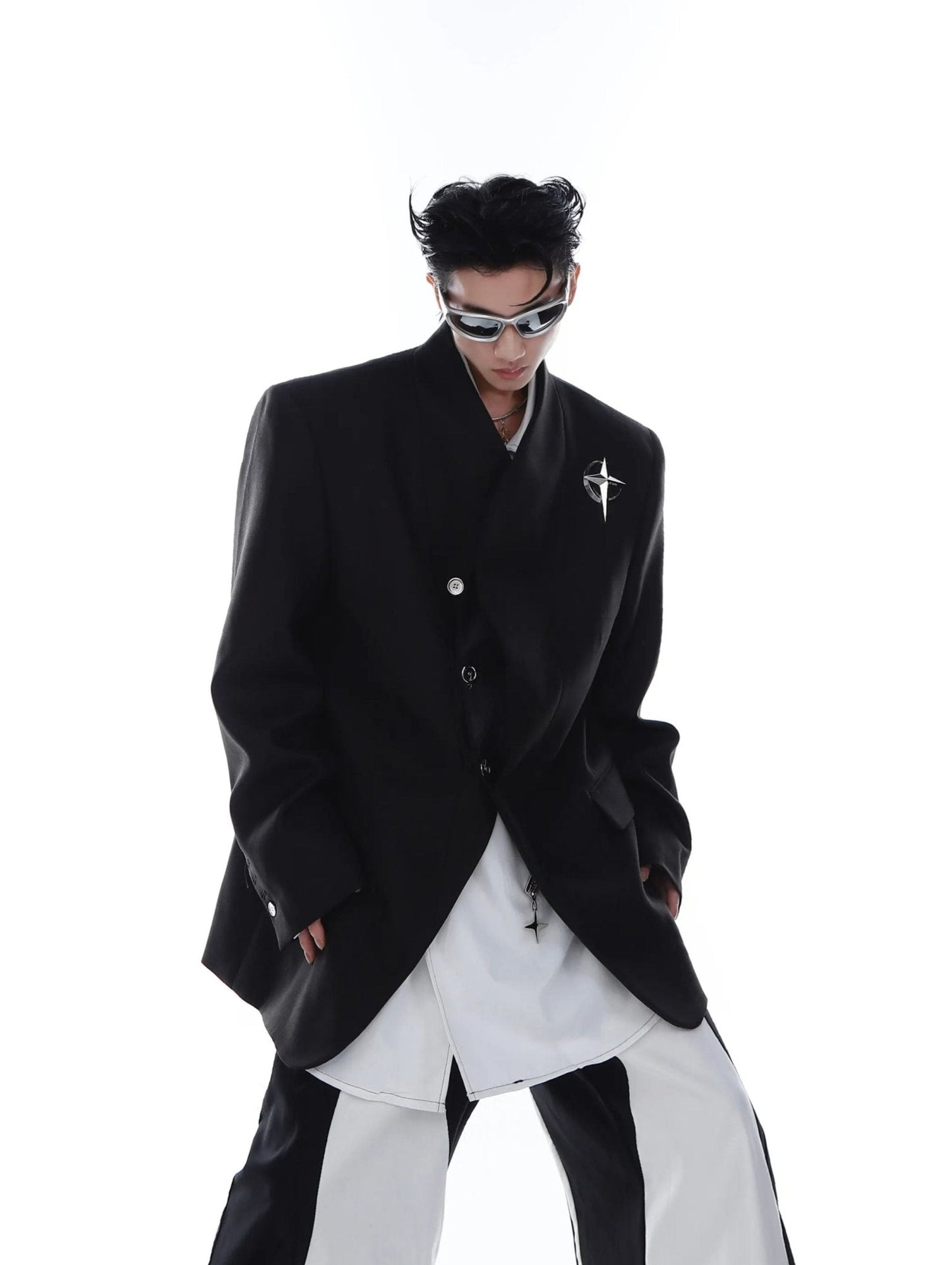 Metallic Detail Collarless Shoulder-Padded Blazer | Loose-Fit Jacket