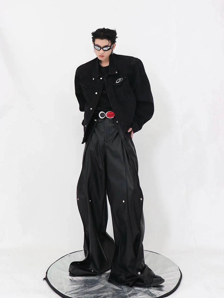 Metallic Patchwork Padded Shoulder Denim Jacket | Casual Loose-Fit Premium Coat