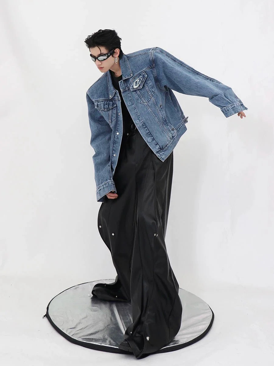 Metallic Patchwork Padded Shoulder Denim Jacket | Casual Loose-Fit Premium Coat
