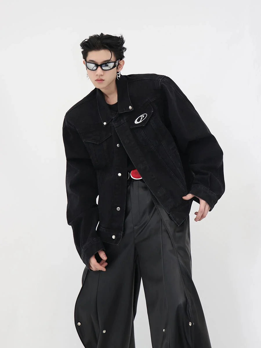 Metallic Patchwork Padded Shoulder Denim Jacket | Casual Loose-Fit Premium Coat