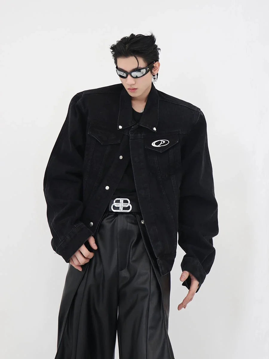 Metallic Patchwork Padded Shoulder Denim Jacket | Casual Loose-Fit Premium Coat