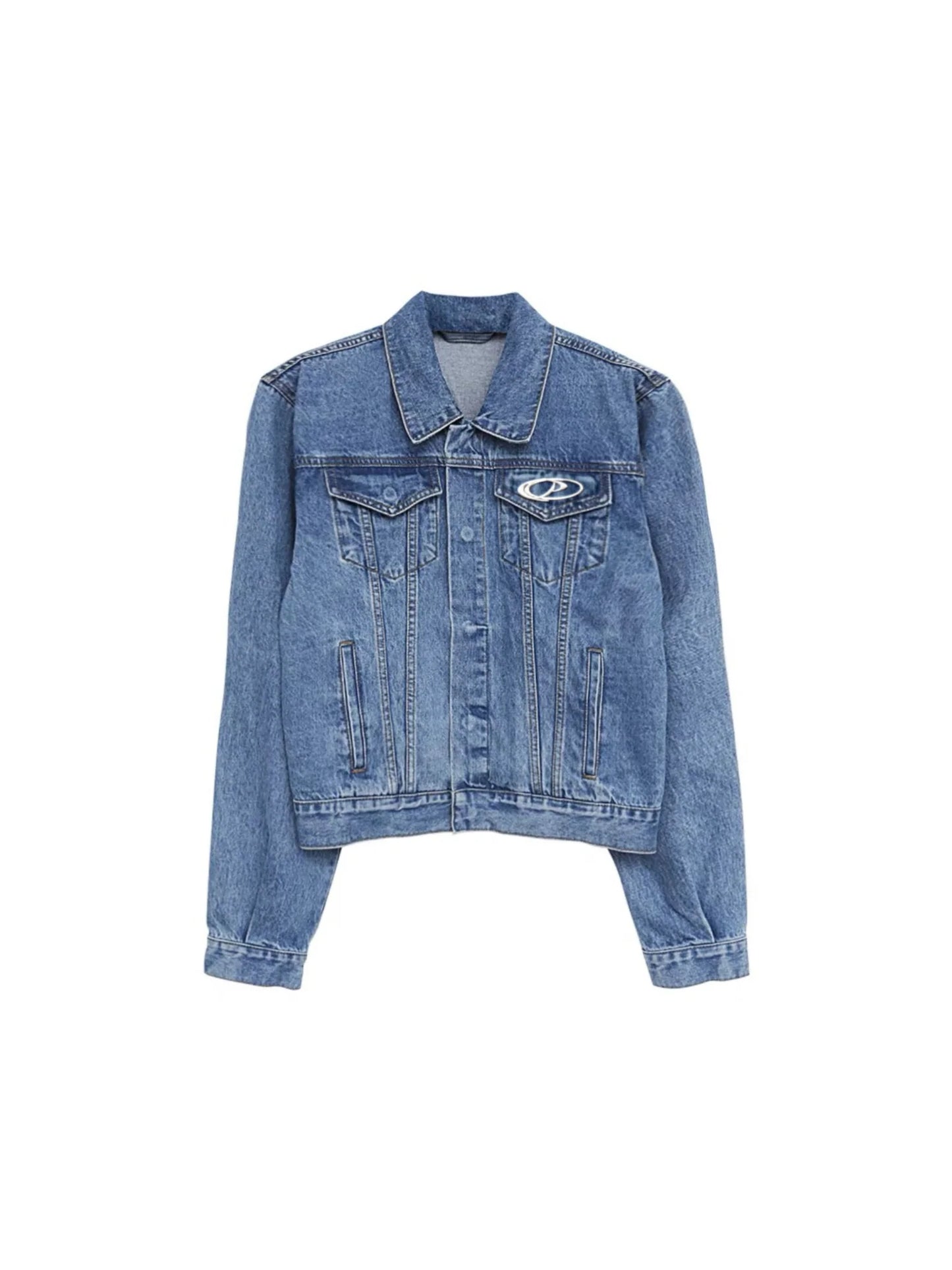 Metallic Patchwork Padded Shoulder Denim Jacket | Casual Loose-Fit Premium Coat