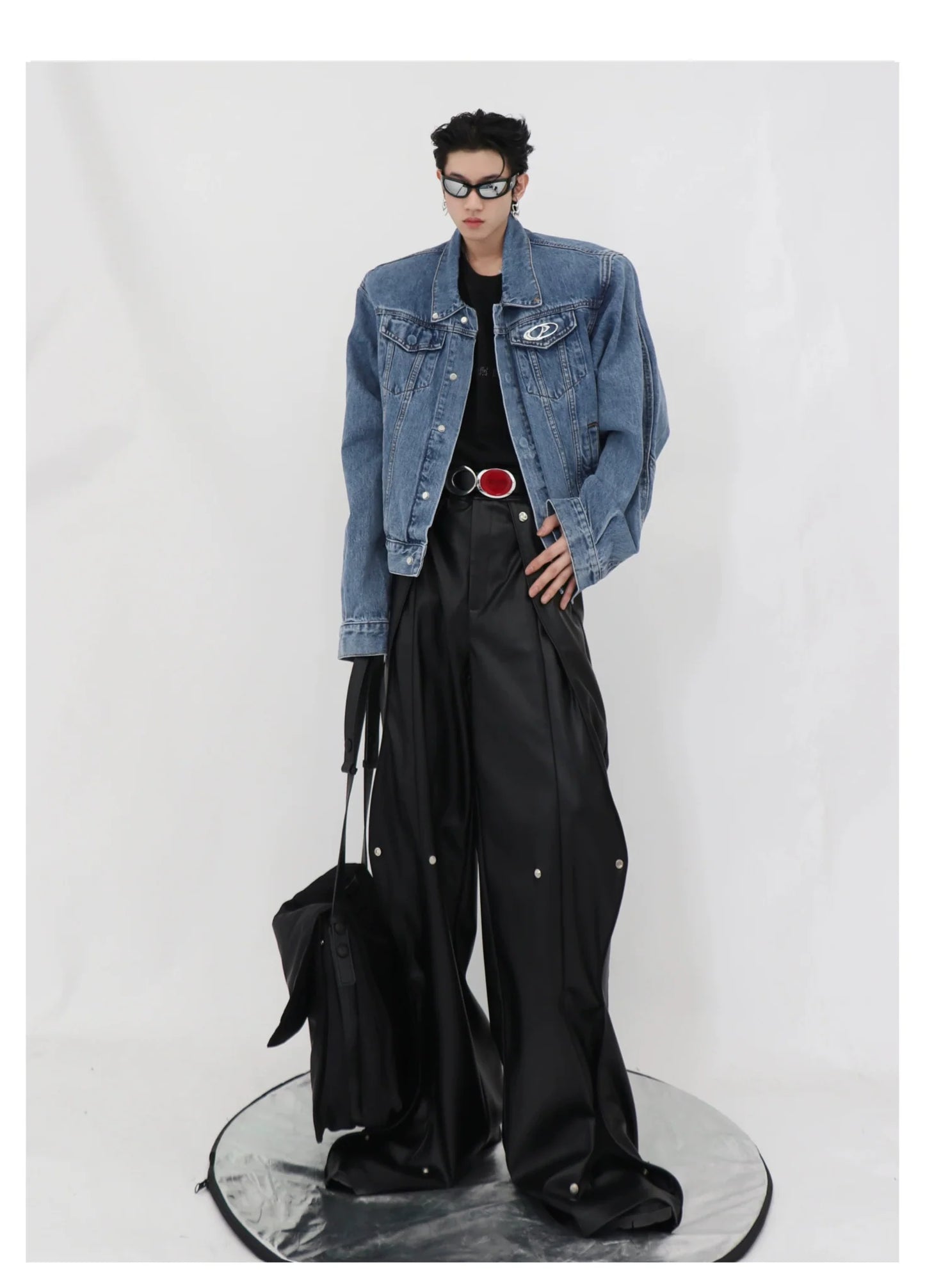 Metallic Patchwork Padded Shoulder Denim Jacket | Casual Loose-Fit Premium Coat