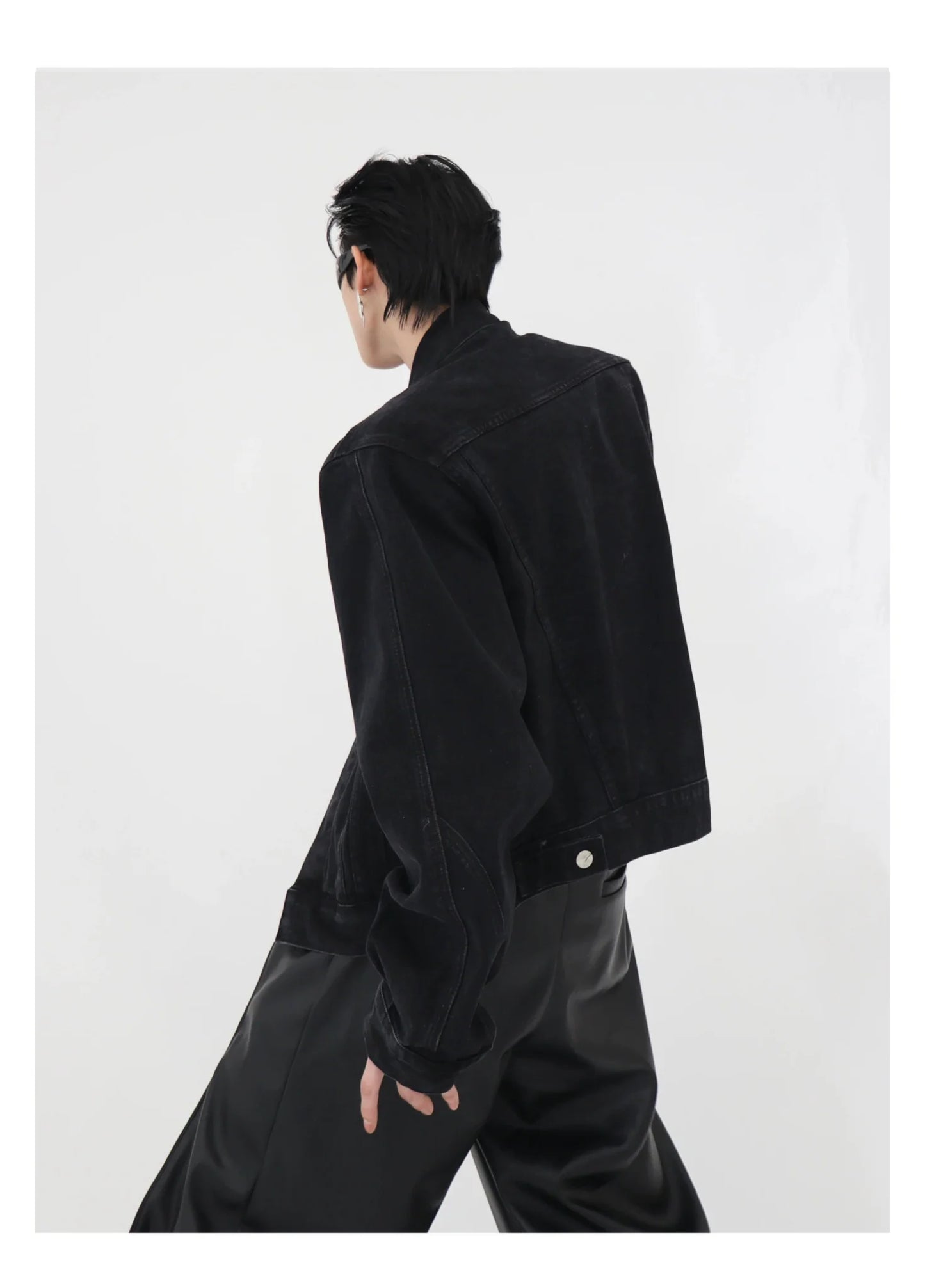 Metallic Patchwork Padded Shoulder Denim Jacket | Casual Loose-Fit Premium Coat