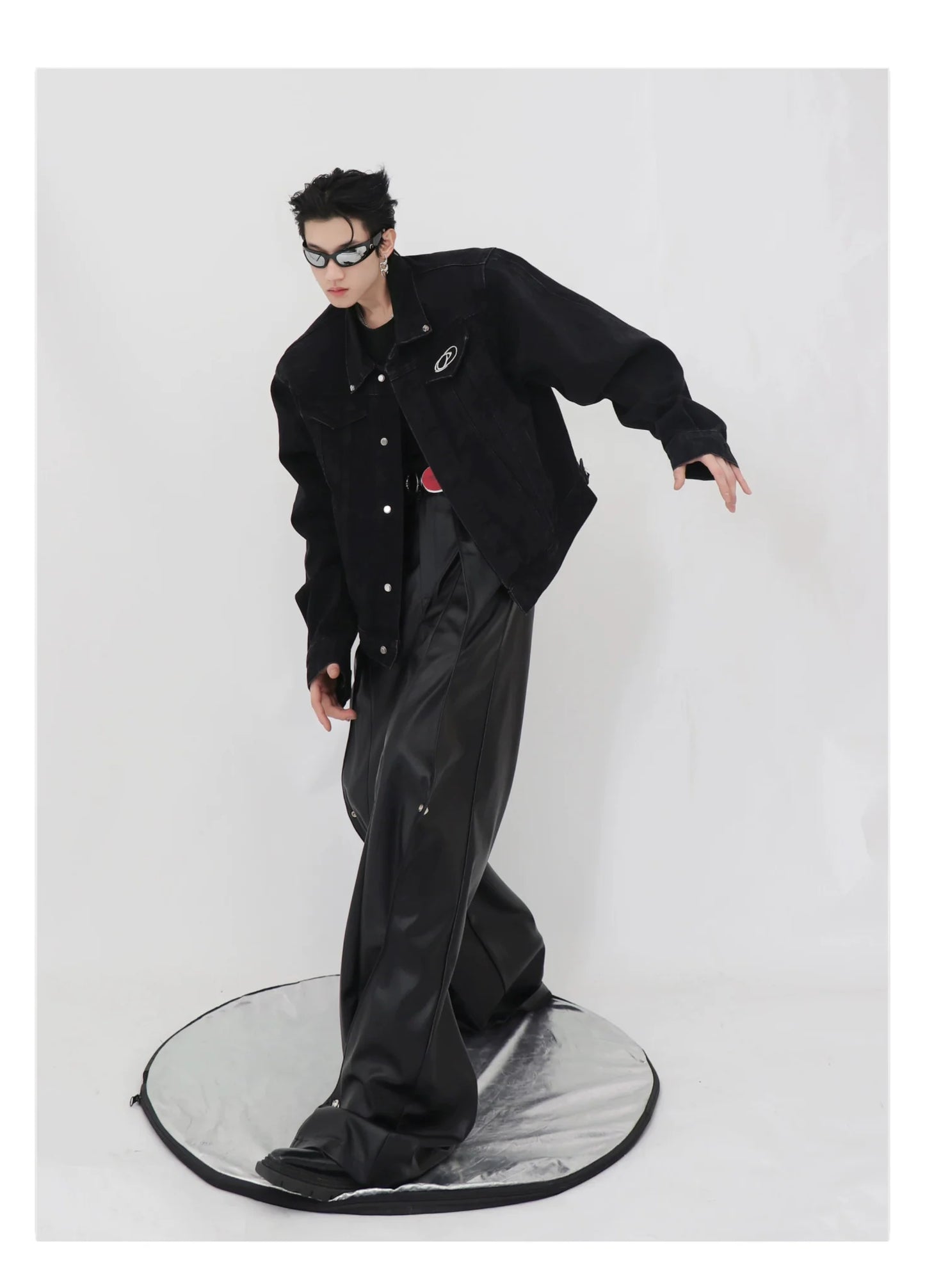 Metallic Patchwork Padded Shoulder Denim Jacket | Casual Loose-Fit Premium Coat