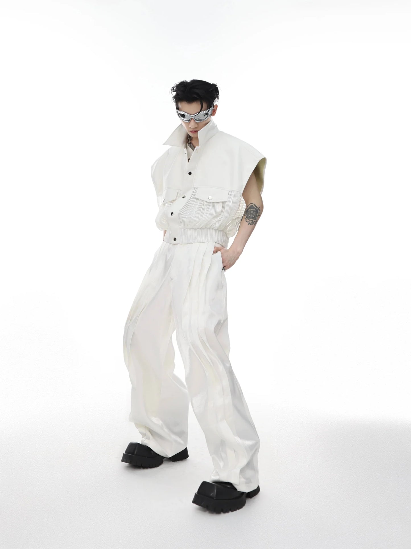 Metallic Sheen Straight-Leg Pants with Button Detail and Pleated